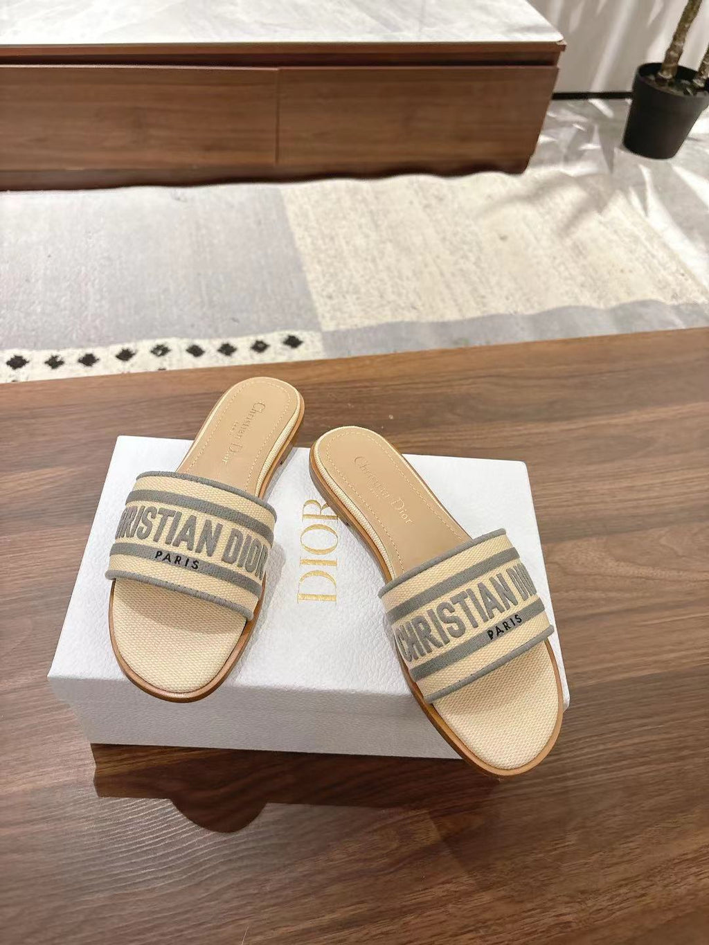 DIOR DWAY SLIDES IN BEIGE AND GRAY TECHNICAL FABRIC