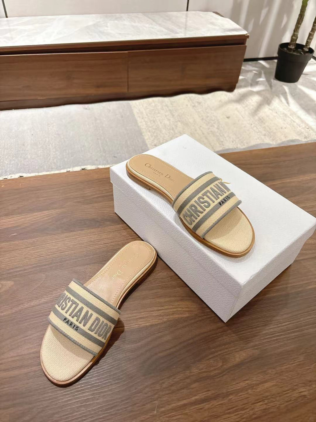 DIOR DWAY SLIDES IN BEIGE AND GRAY TECHNICAL FABRIC