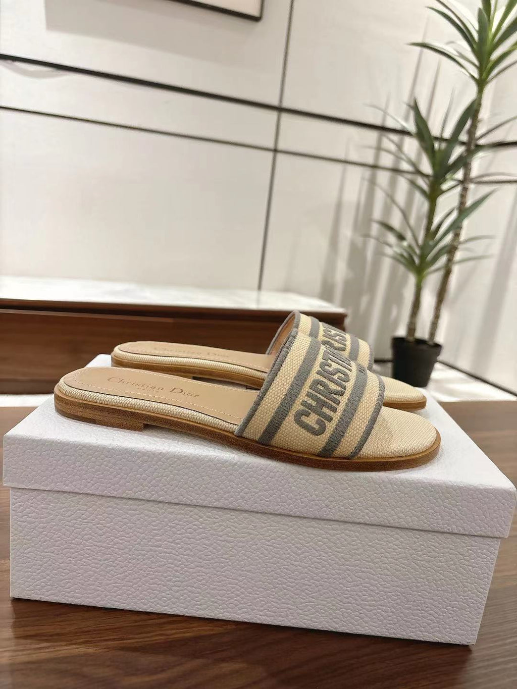 DIOR DWAY SLIDES IN BEIGE AND GRAY TECHNICAL FABRIC