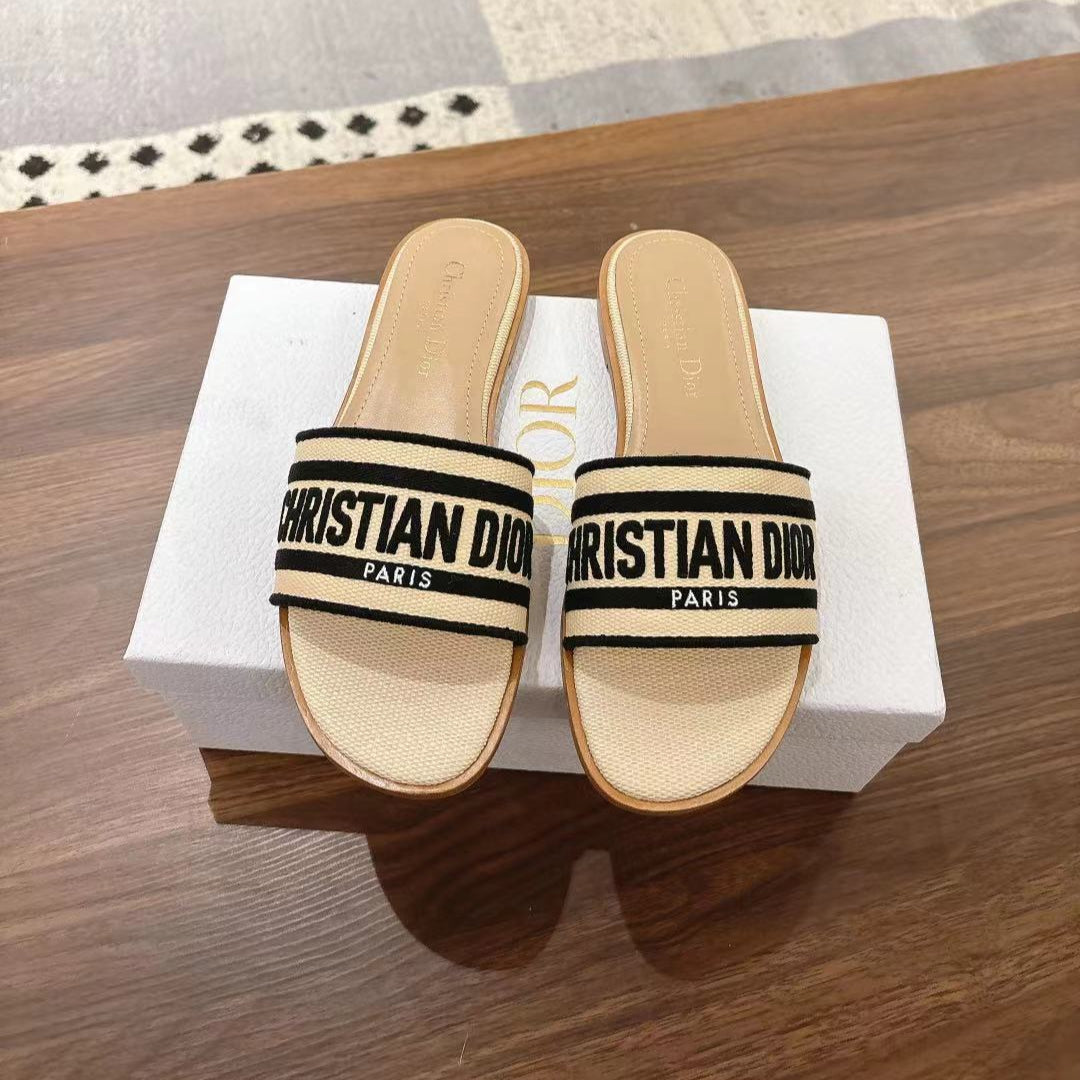 DIOR DWAY SLIDES IN BEIGE AND BLACK TECHNICAL FABRIC