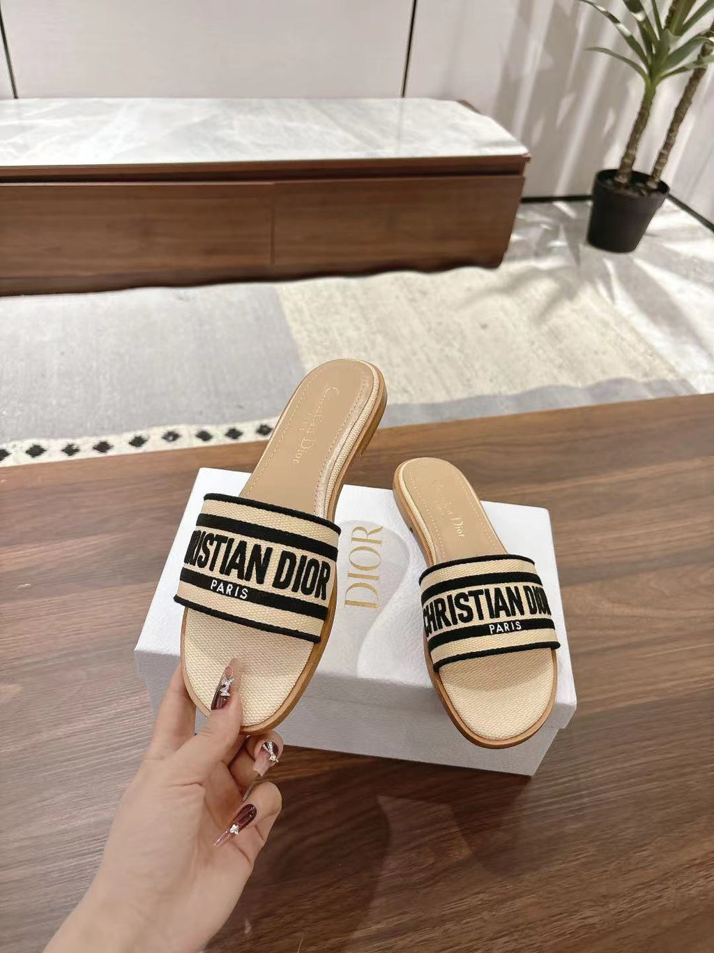 DIOR DWAY SLIDES IN BEIGE AND BLACK TECHNICAL FABRIC