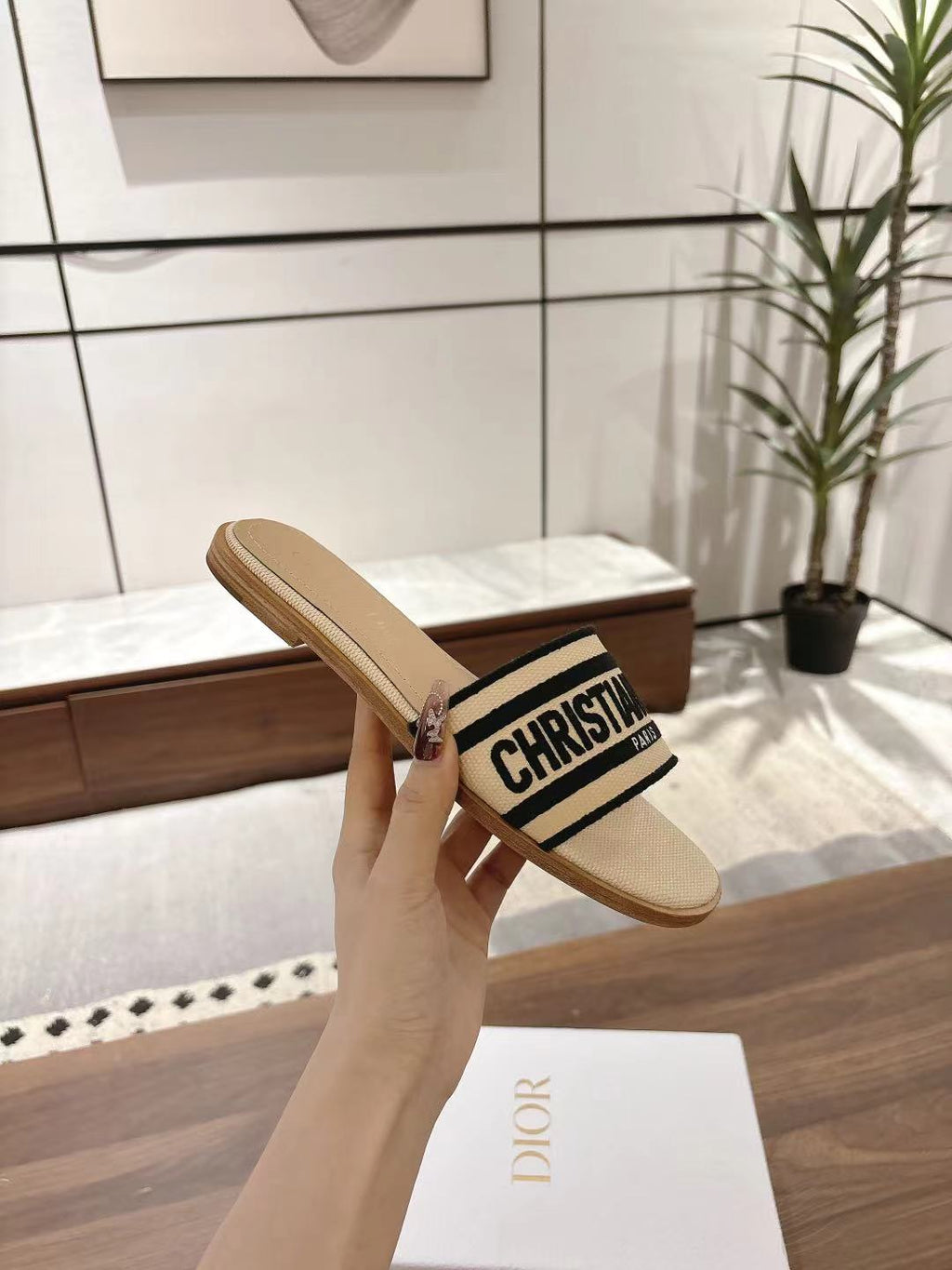 DIOR DWAY SLIDES IN BEIGE AND BLACK TECHNICAL FABRIC