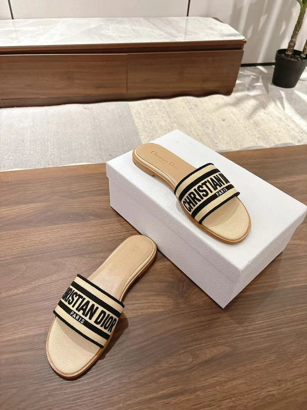 DIOR DWAY SLIDES IN BEIGE AND BLACK TECHNICAL FABRIC