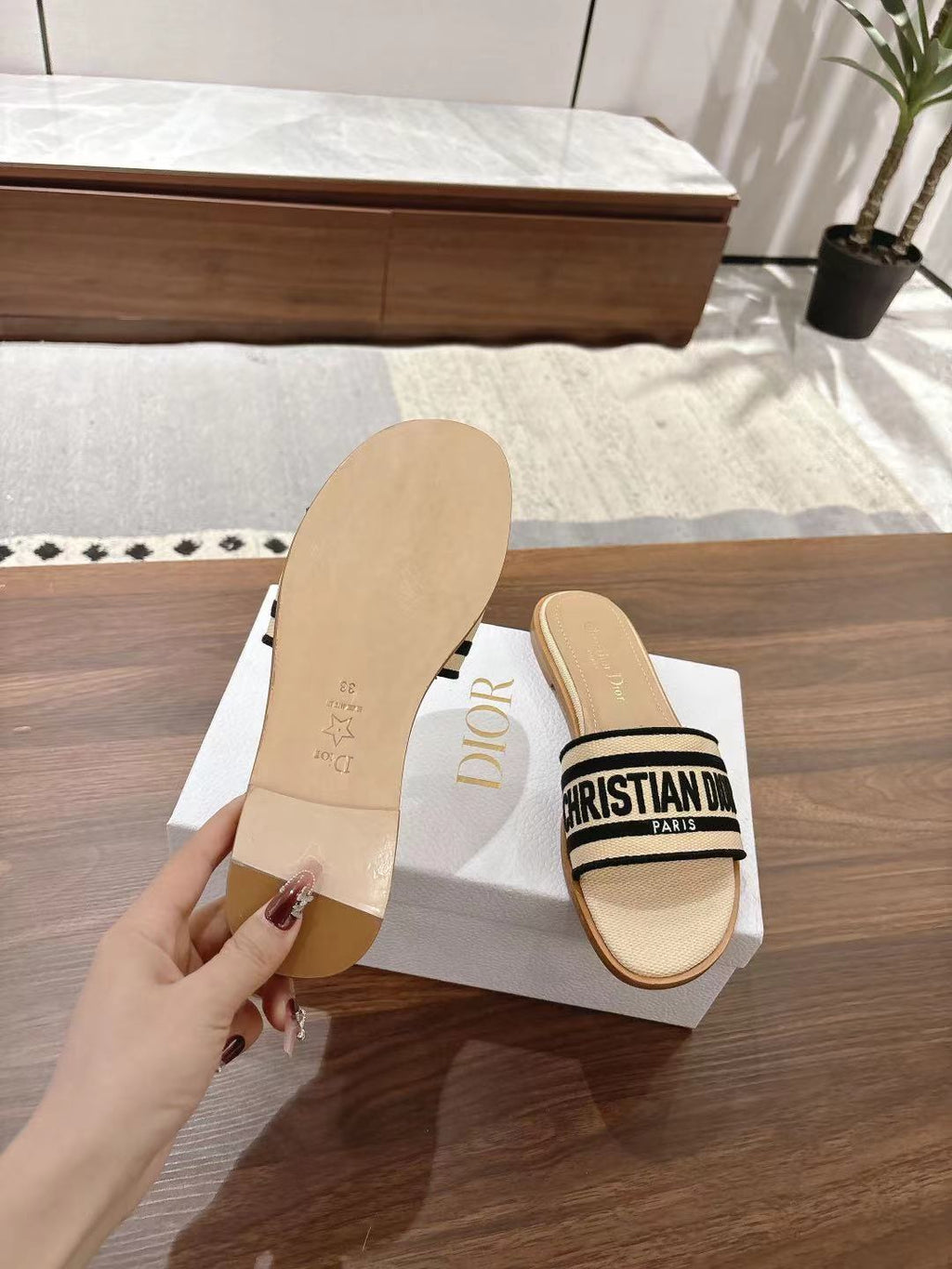 DIOR DWAY SLIDES IN BEIGE AND BLACK TECHNICAL FABRIC
