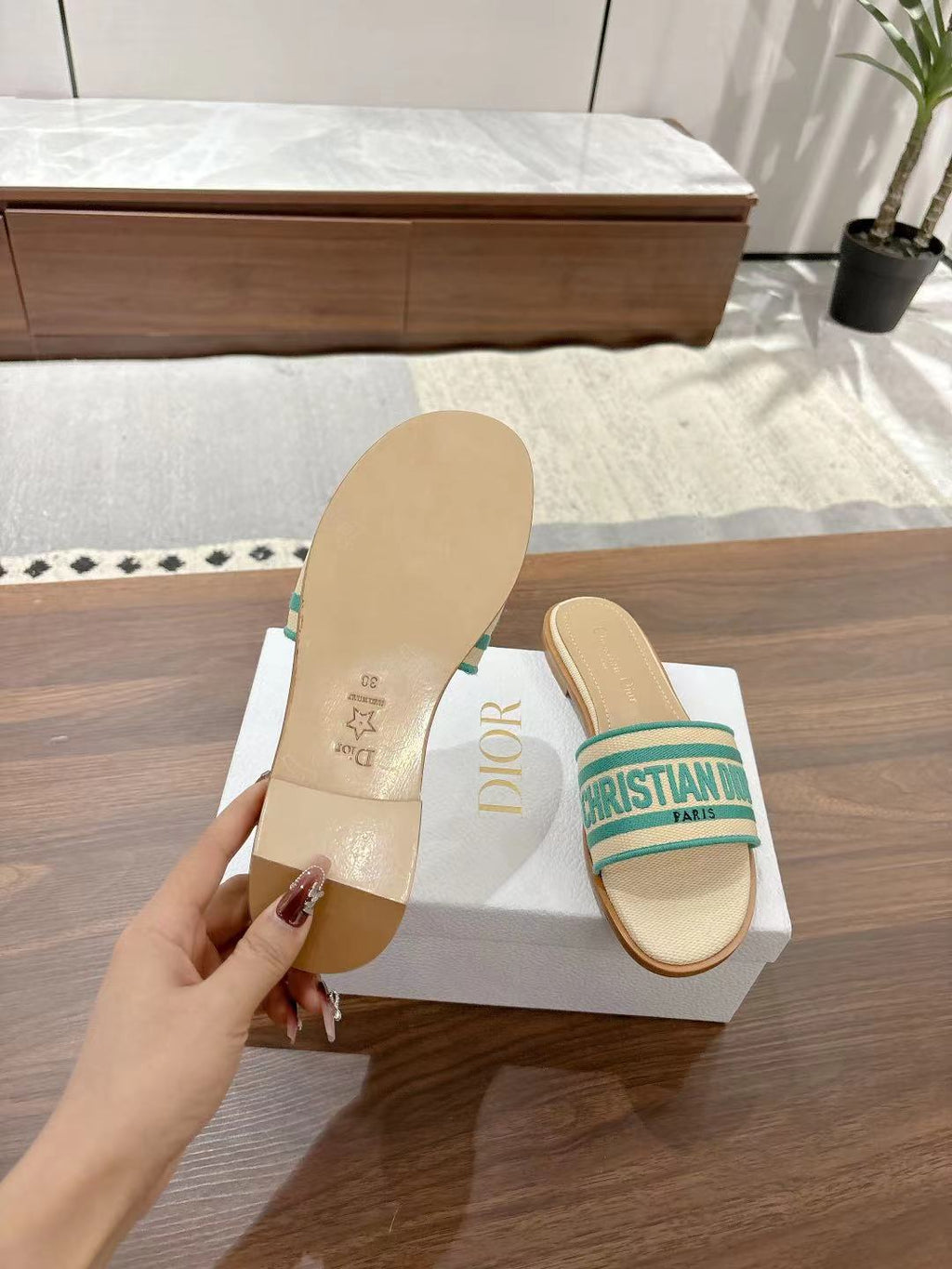 DIOR DWAY SLIDES IN BEIGE AND GREEN TECHNICAL FABRIC