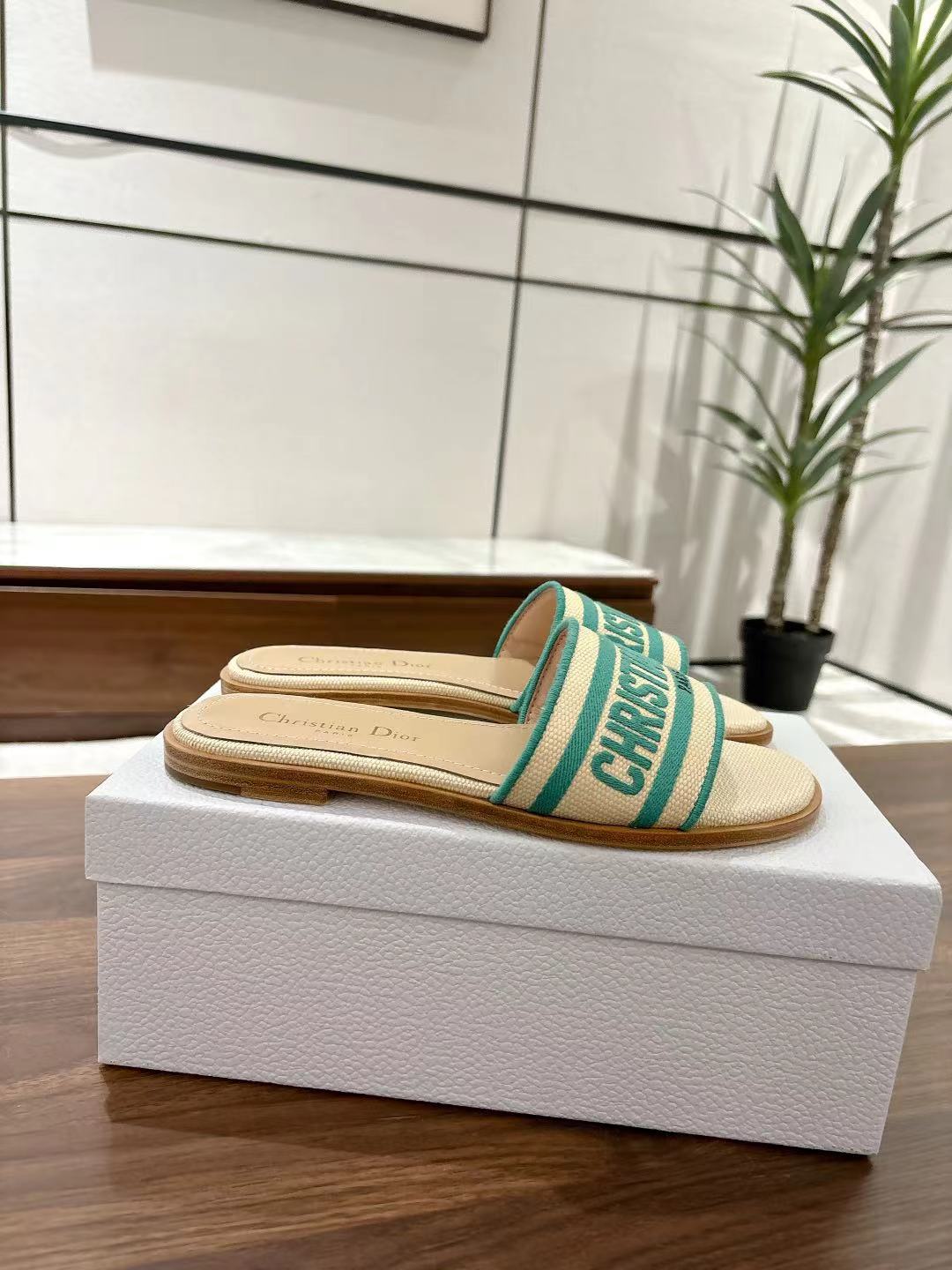 DIOR DWAY SLIDES IN BEIGE AND GREEN TECHNICAL FABRIC