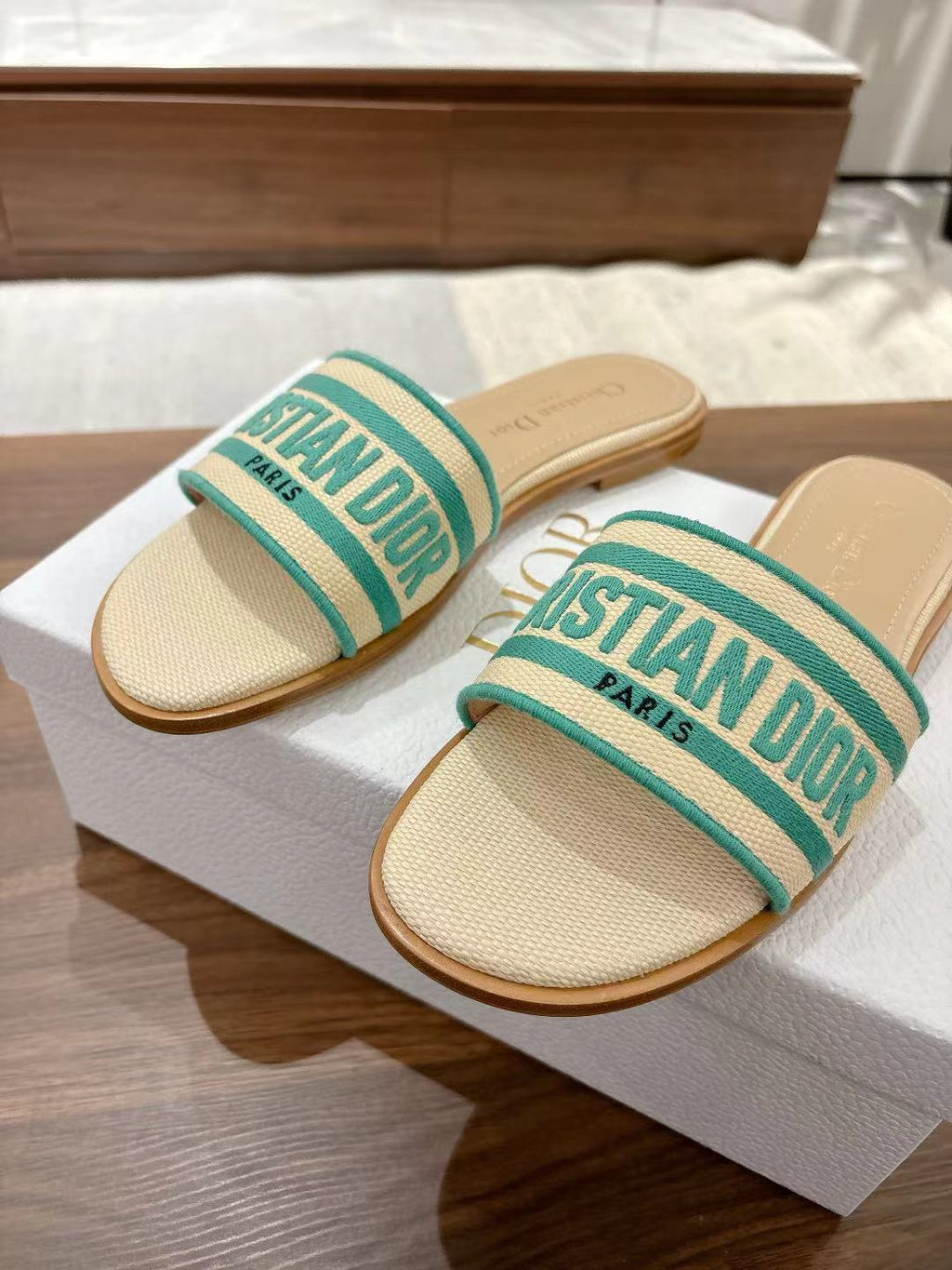 DIOR DWAY SLIDES IN BEIGE AND GREEN TECHNICAL FABRIC