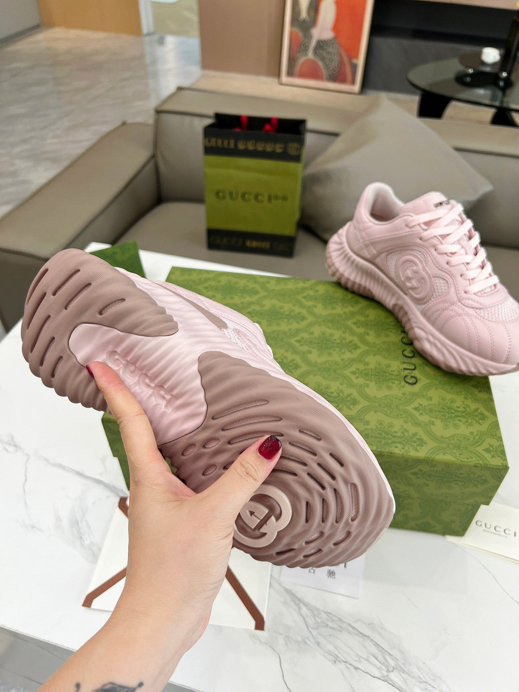 GUCCI RIPPLE TRAINER LIGHT PASTEL PINK LAMBSKIN