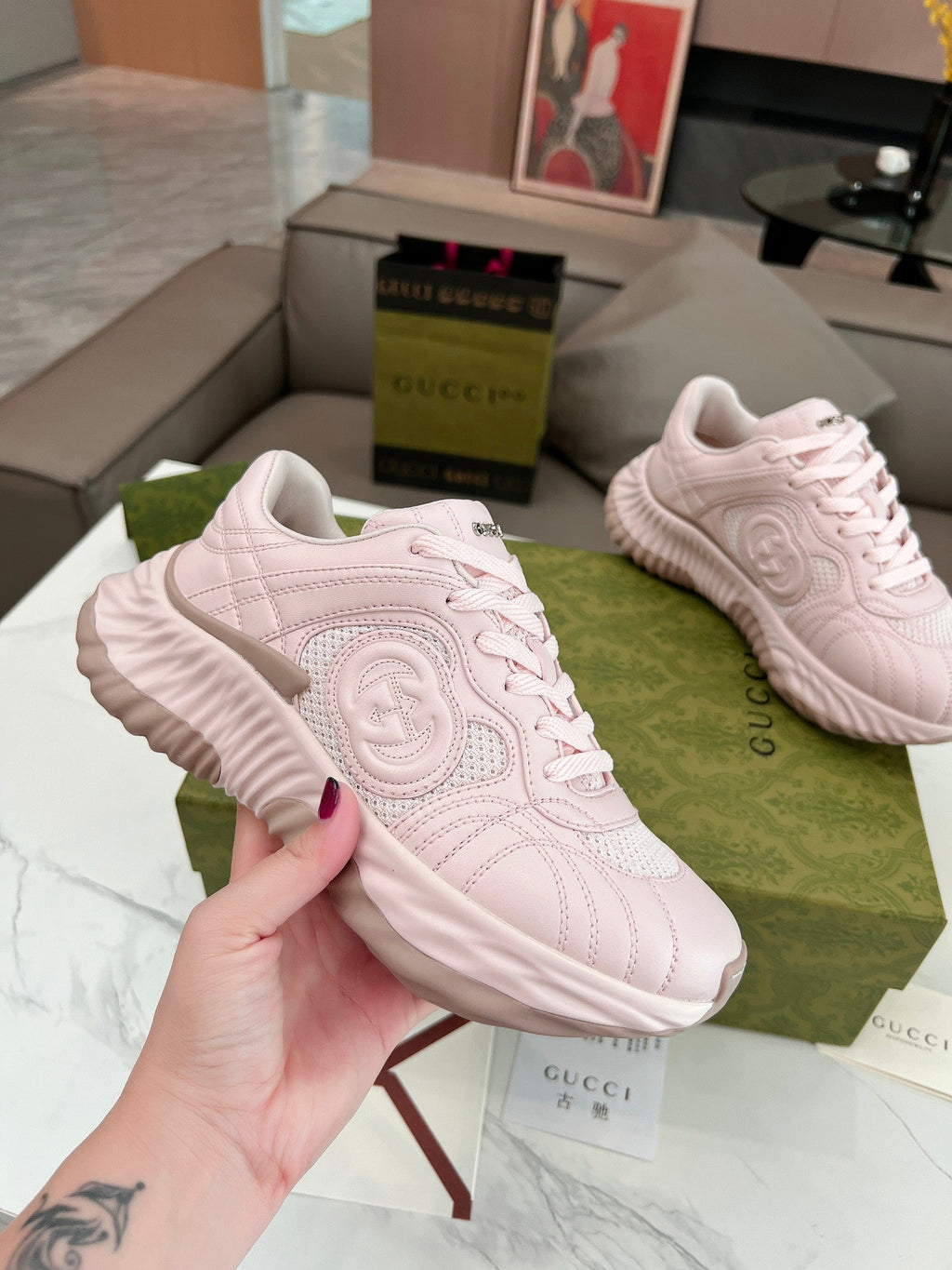 GUCCI RIPPLE TRAINER LIGHT PASTEL PINK LAMBSKIN