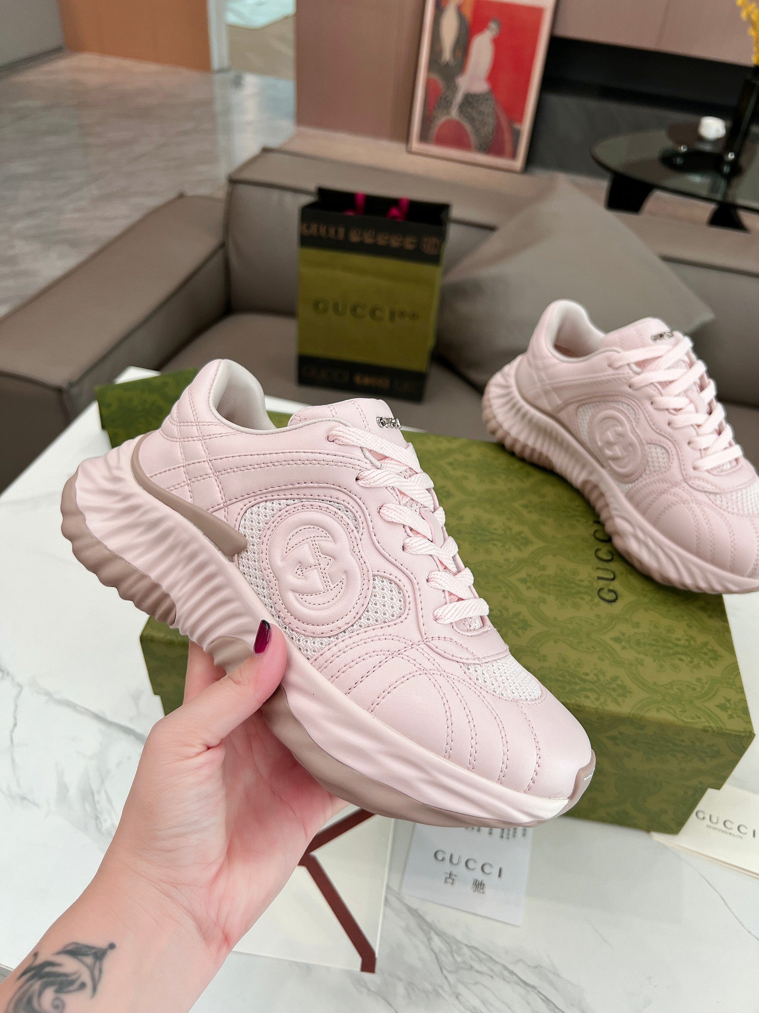 GUCCI RIPPLE TRAINER LIGHT PASTEL PINK LAMBSKIN