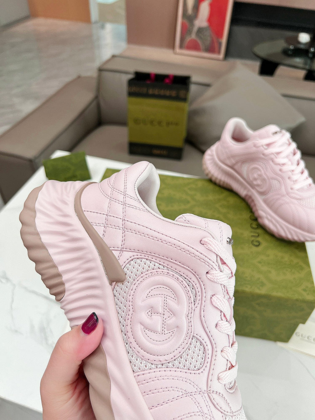 GUCCI RIPPLE TRAINER LIGHT PASTEL PINK LAMBSKIN