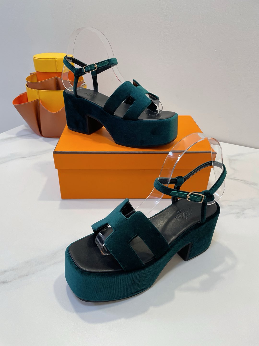 HERMES JAM 30 SANDAL IN GREEN FOREST VELVET