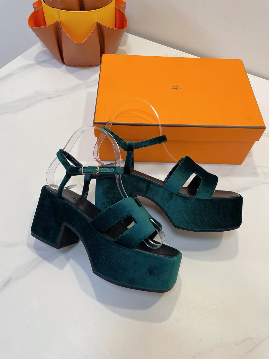 HERMES JAM 30 SANDAL IN GREEN FOREST VELVET