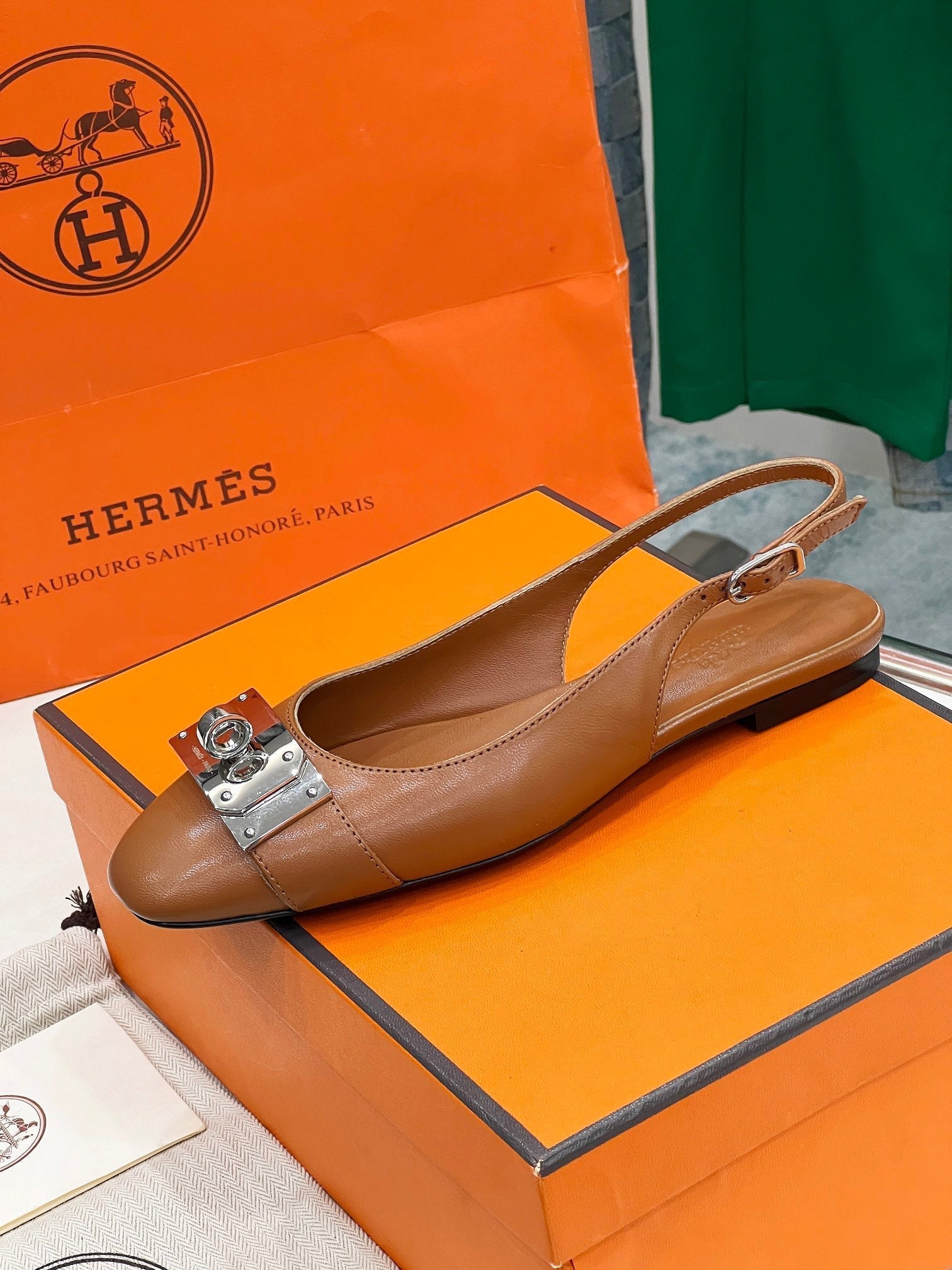 HERMES INNOCENTE SLINGBACK CARAMEL CALFSKIN