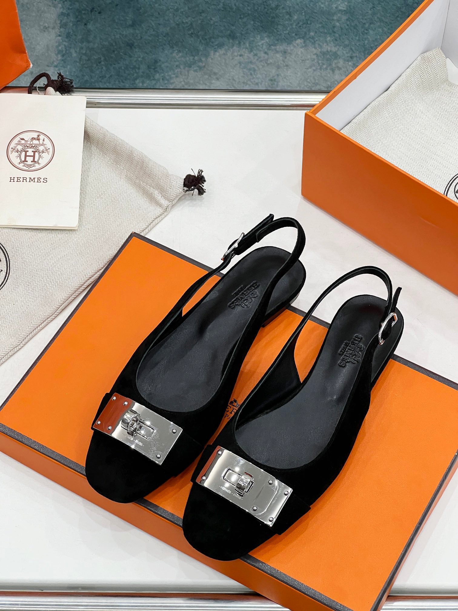 HERMES INNOCENTE SLINGBACK BLACK SUEDE