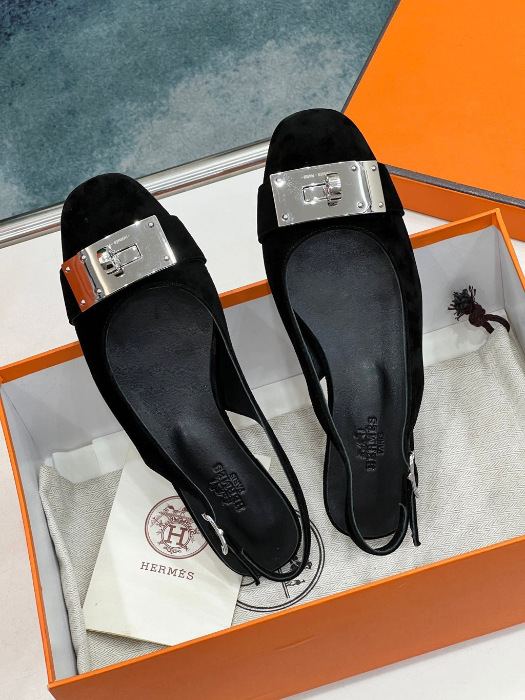 HERMES INNOCENTE SLINGBACK BLACK SUEDE