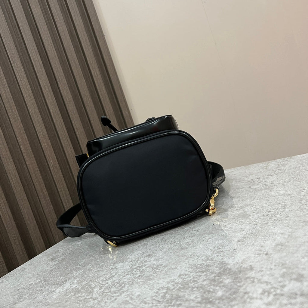 PRADA MINI BACKPACK 18 IN BLACK RE-NYLON AND GLOSSY CALFSKIN GOLD HARDWARE