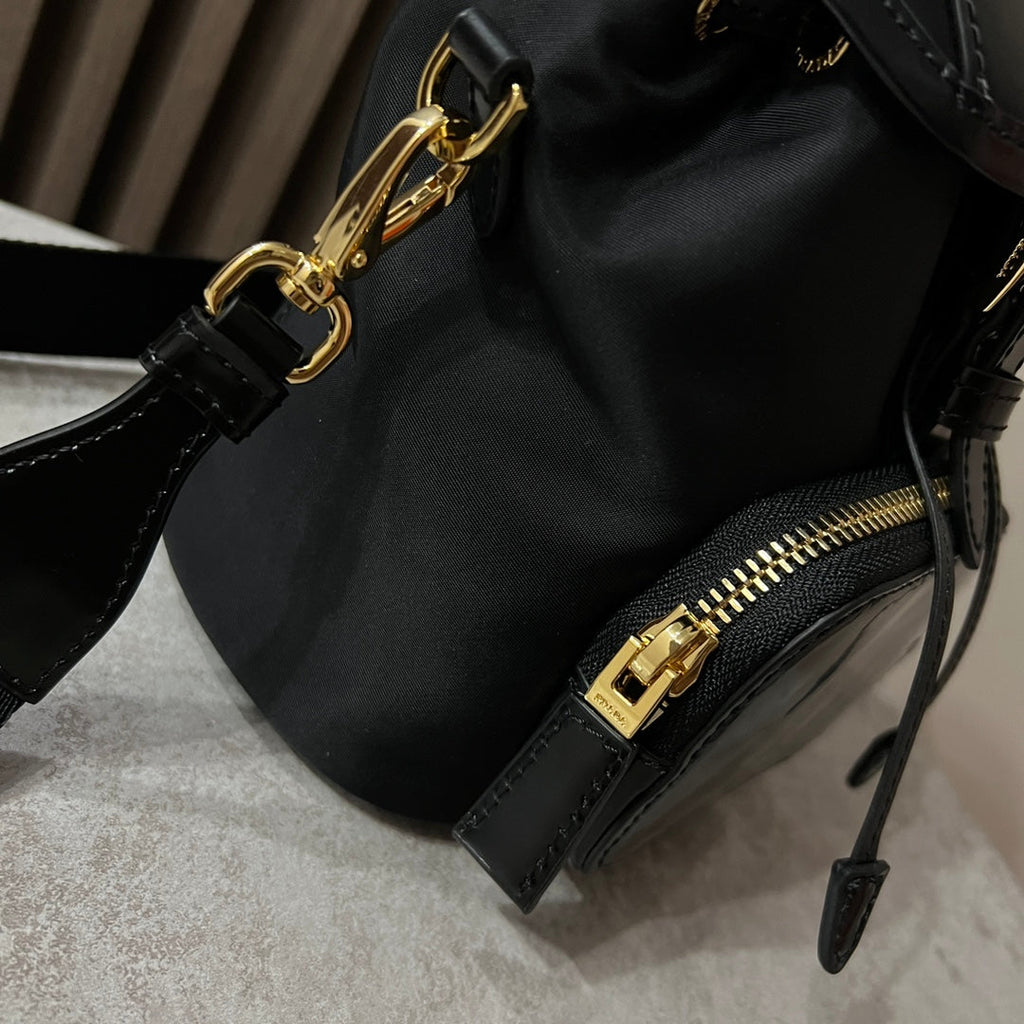PRADA MINI BACKPACK 18 IN BLACK RE-NYLON AND GLOSSY CALFSKIN GOLD HARDWARE