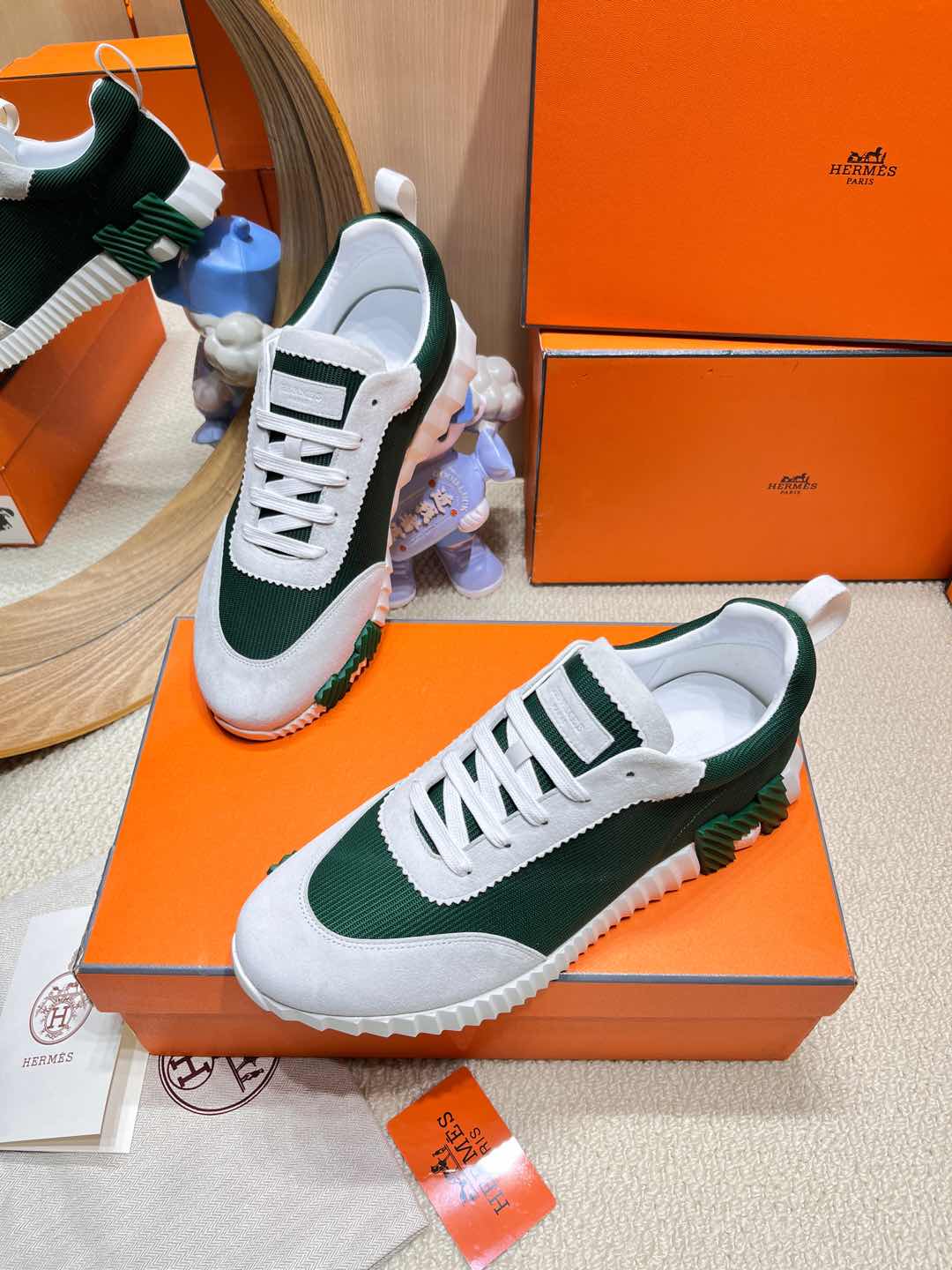 HERMES BOUNCING SNEAKER IN PALE GRAY SUEDE AND GREEN FOREST KNIT