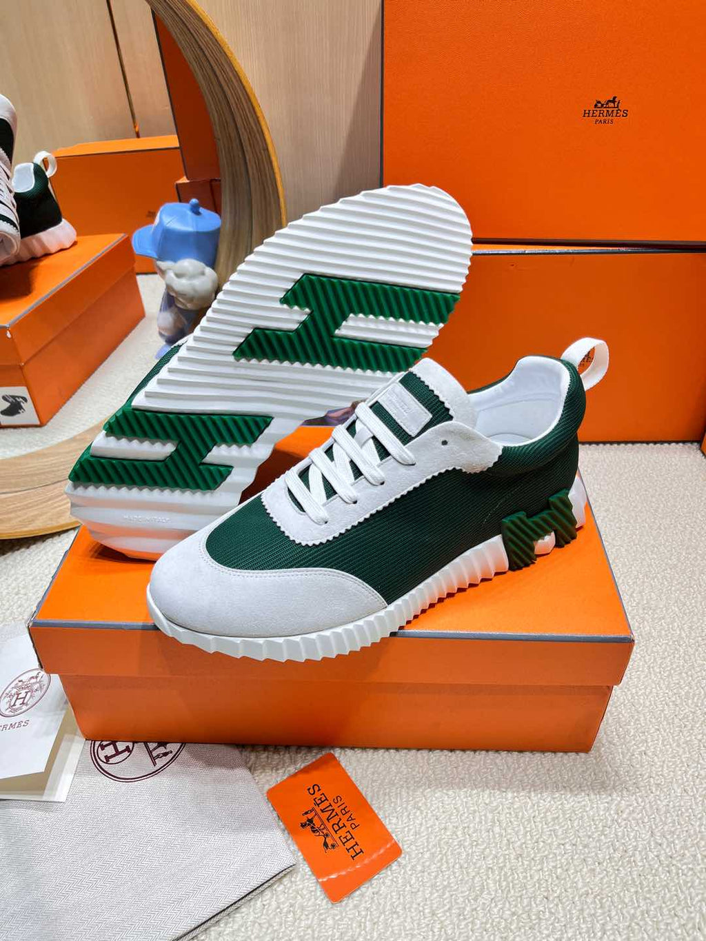 HERMES BOUNCING SNEAKER IN PALE GRAY SUEDE AND GREEN FOREST KNIT