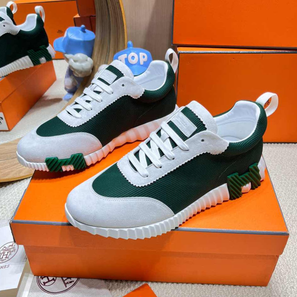 HERMES BOUNCING SNEAKER IN PALE GRAY SUEDE AND GREEN FOREST KNIT