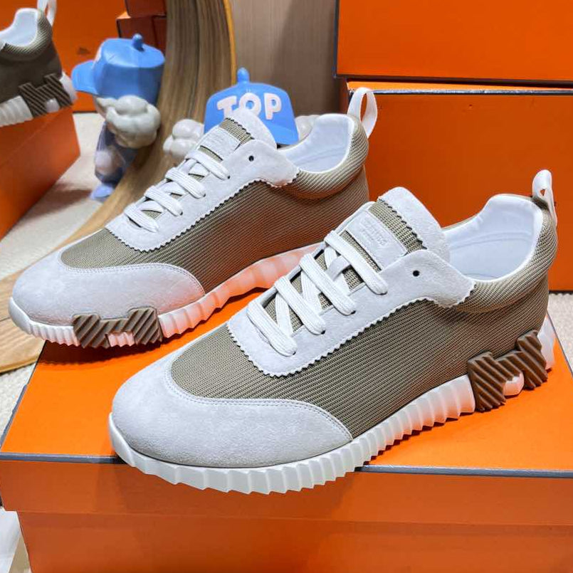 HERMES BOUNCING SNEAKER IN PALE GRAY SUEDE AND WOOD BROWN KNIT