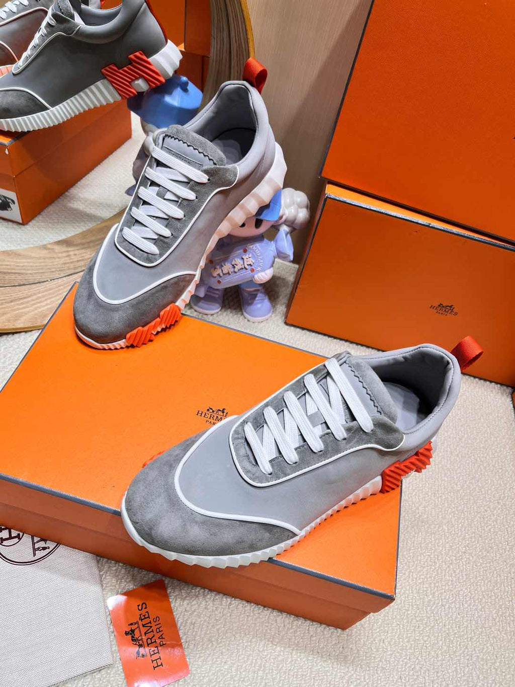 HERMES BOUNCING SNEAKER IN SMOKE GRAY SUEDE AND CALFSKIN