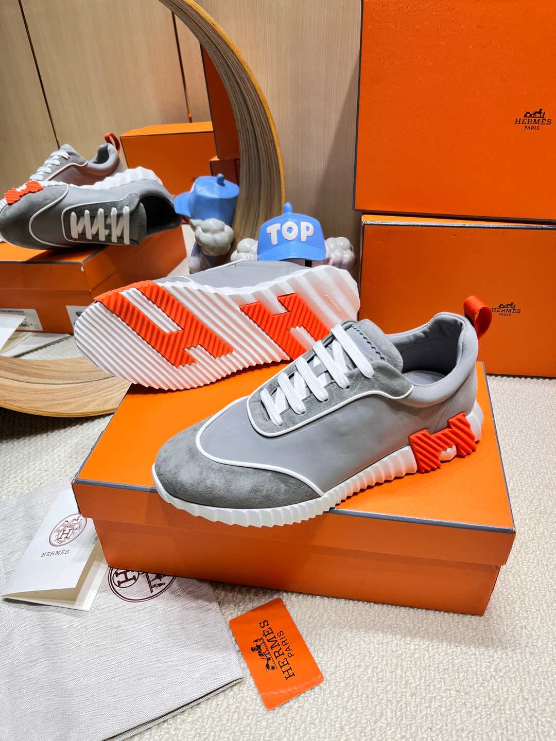 HERMES BOUNCING SNEAKER IN SMOKE GRAY SUEDE AND CALFSKIN