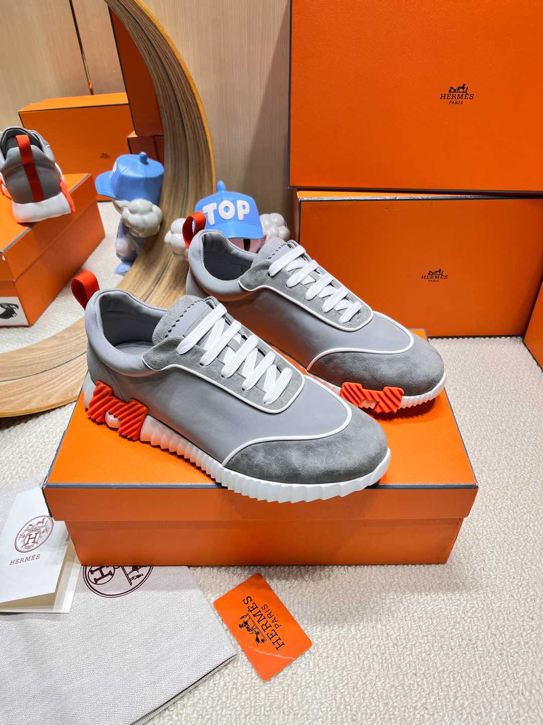 HERMES BOUNCING SNEAKER IN SMOKE GRAY SUEDE AND CALFSKIN