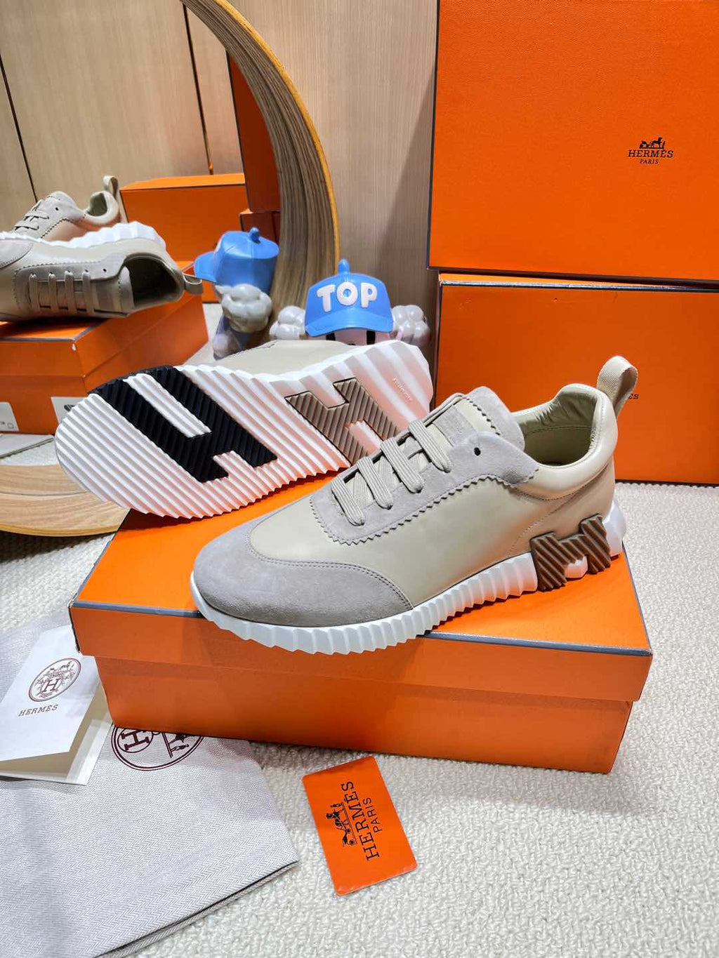HERMES BOUNCING SNEAKER IN PALE GRAY SUEDE AND CALFSKIN
