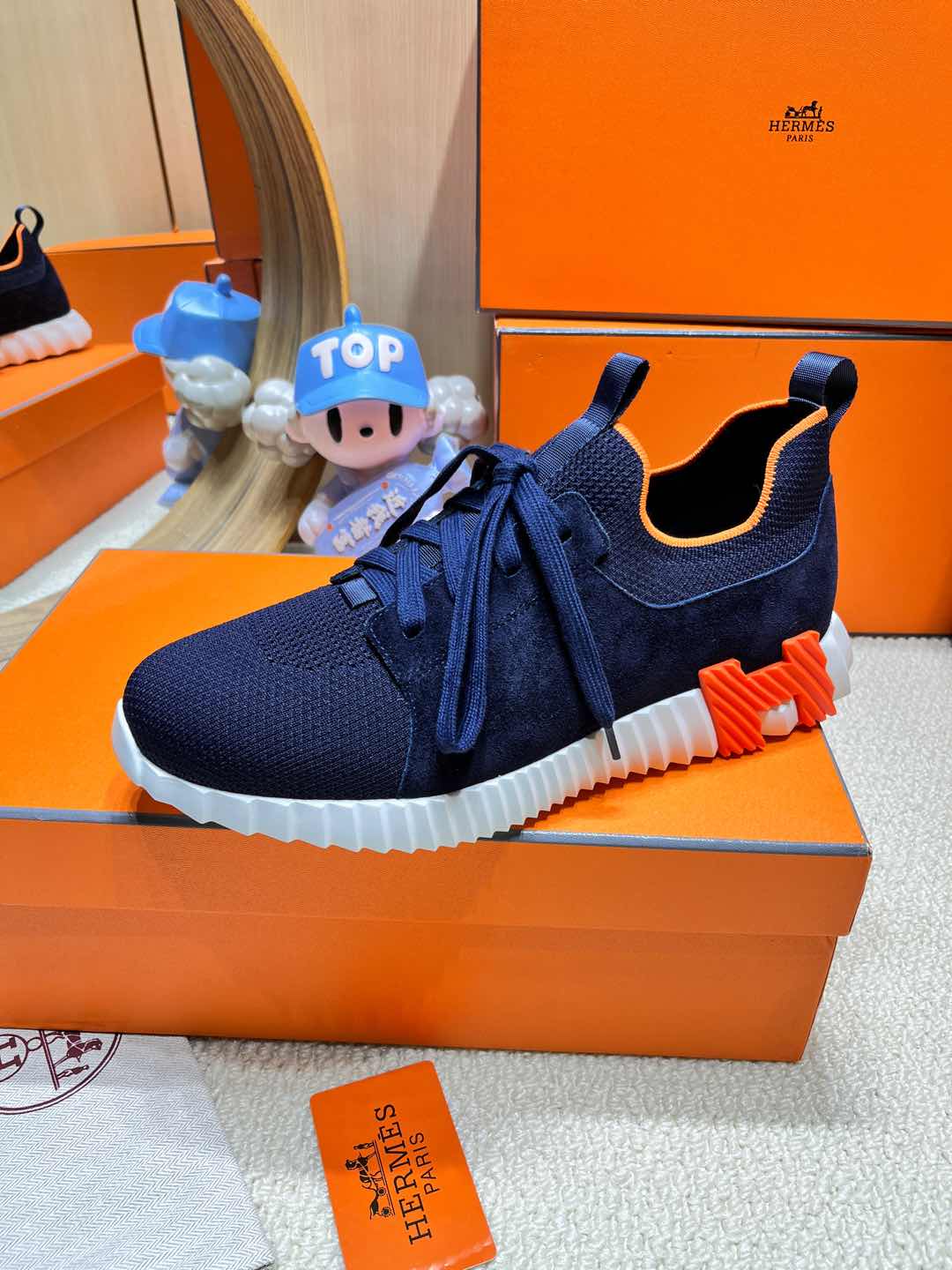 HERMES DEPART SLIP-ON SNEAKER IN NAVY BLUE KNIT AND CALFSKIN