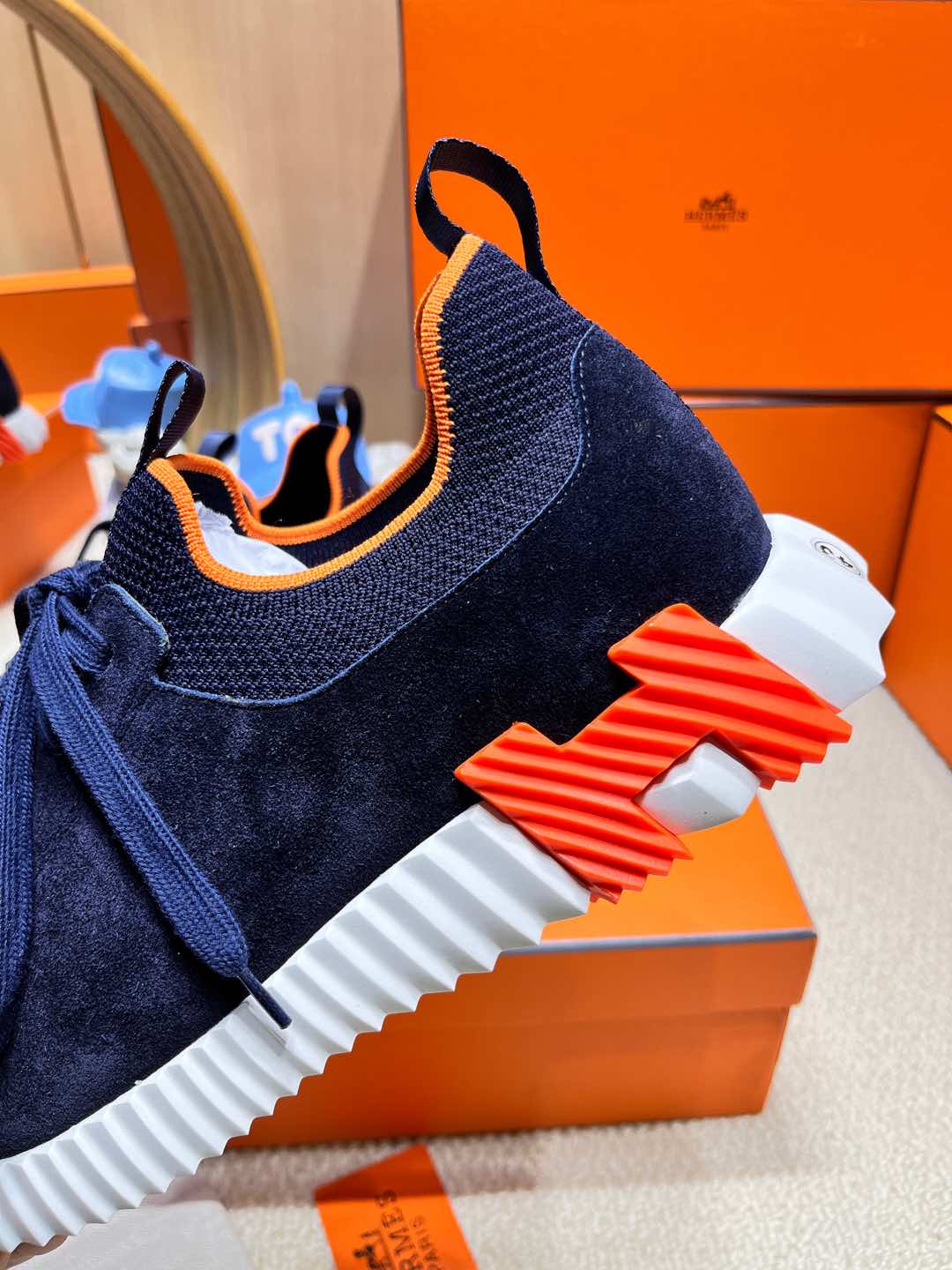 HERMES DEPART SLIP-ON SNEAKER IN NAVY BLUE KNIT AND CALFSKIN