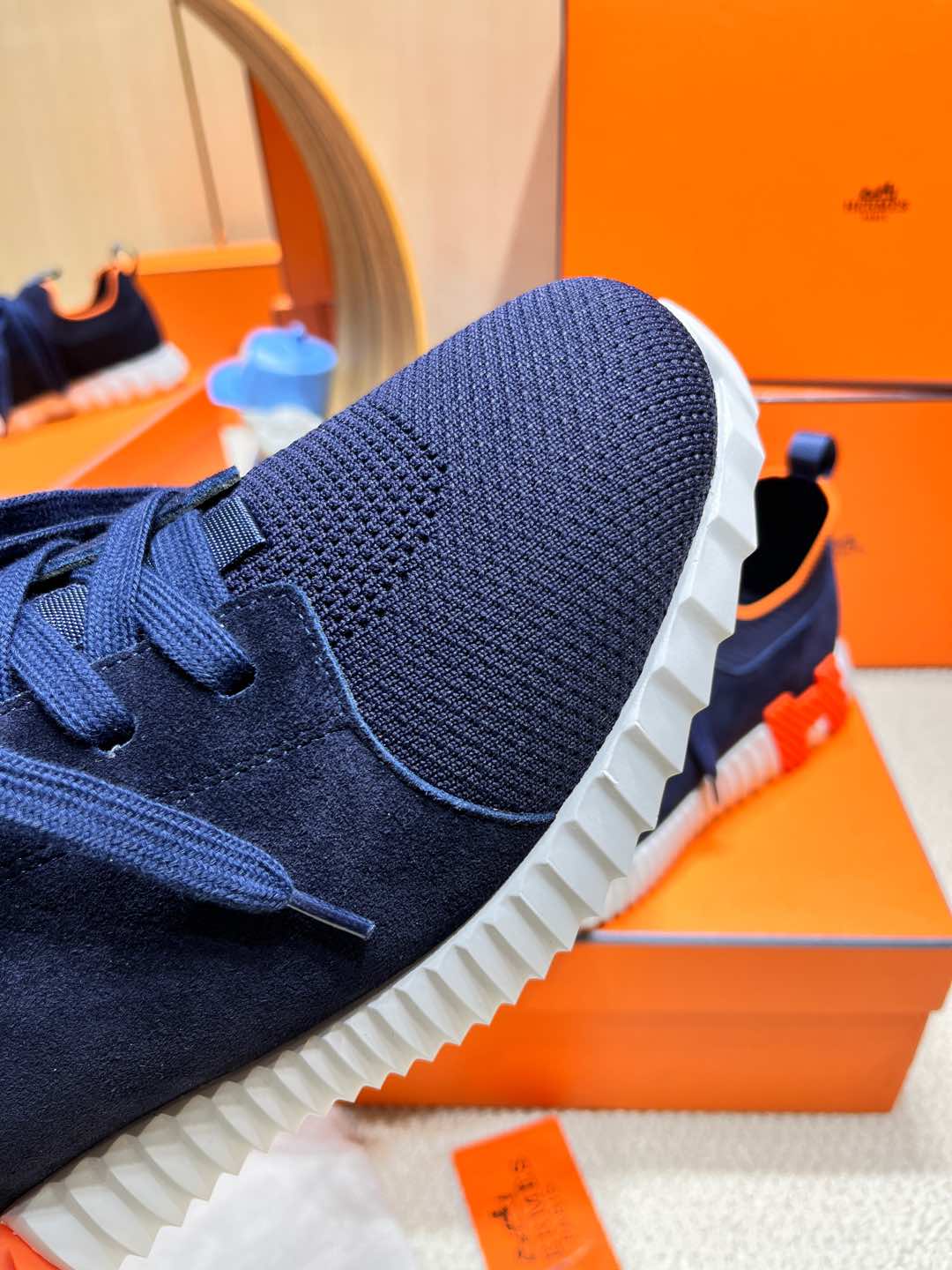 HERMES DEPART SLIP-ON SNEAKER IN NAVY BLUE KNIT AND CALFSKIN
