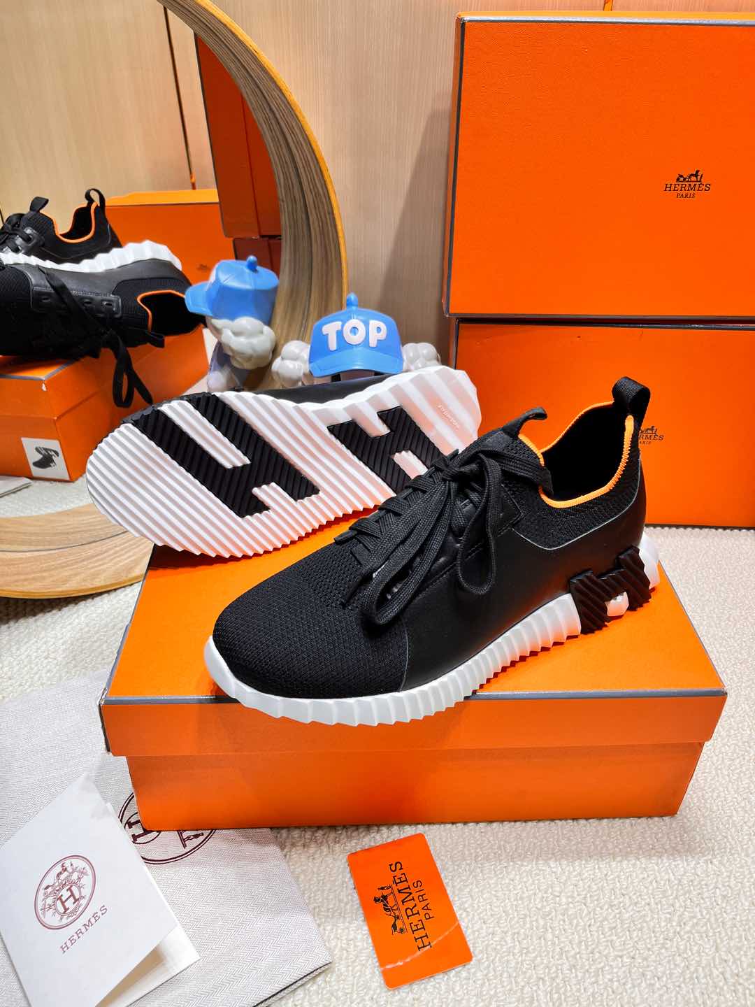 HERMES DEPART SLIP-ON SNEAKER IN BLACK MIX WHITE KNIT AND CALFSKIN