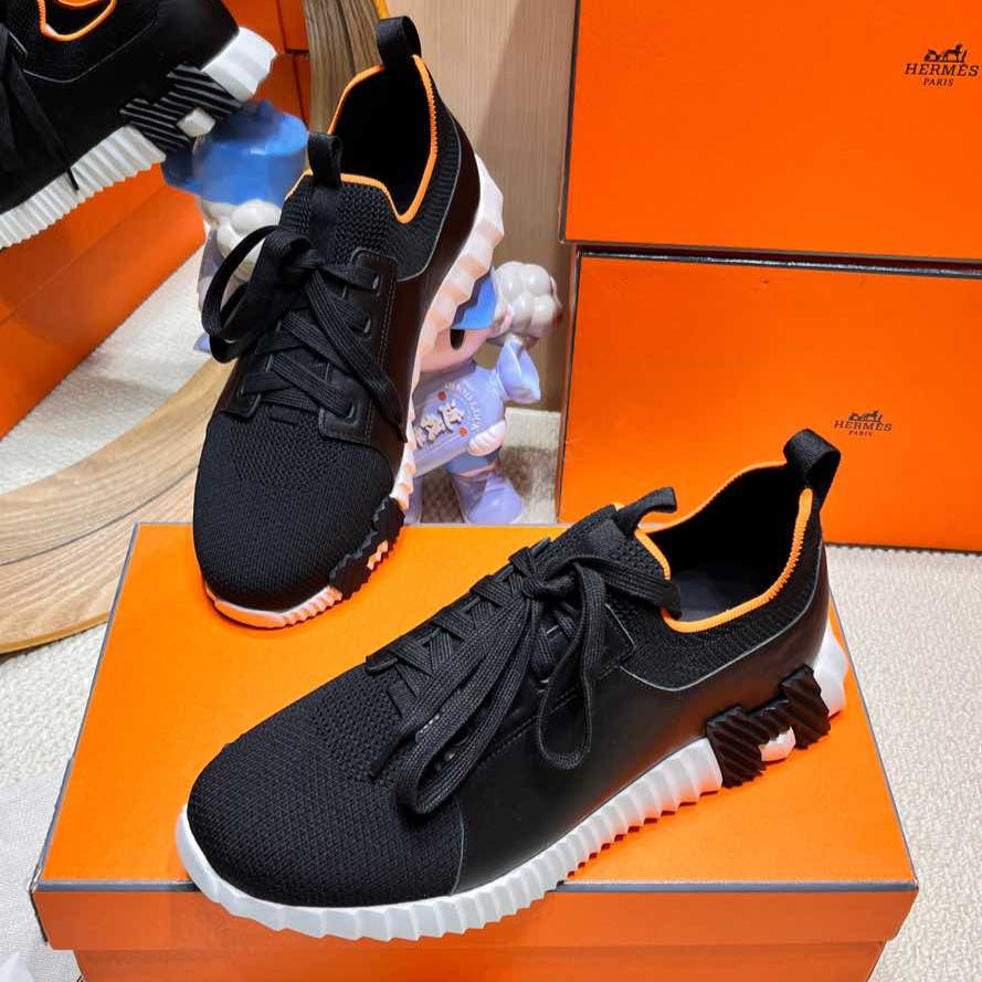 HERMES DEPART SLIP-ON SNEAKER IN BLACK MIX WHITE KNIT AND CALFSKIN