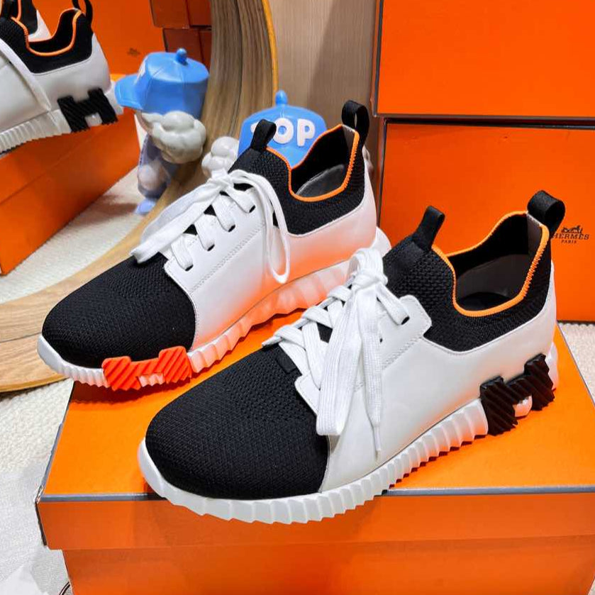HERMES DEPART SLIP-ON SNEAKER IN WHITE MIX BLACK KNIT AND CALFSKIN