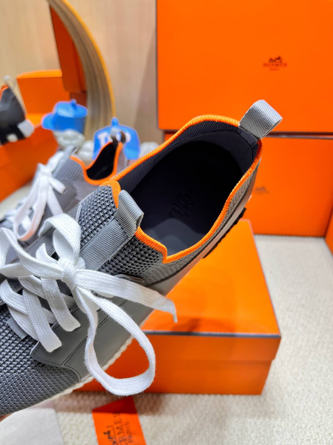 HERMES DEPART SLIP-ON SNEAKER IN MOUSE GRAY KNIT AND CALFSKIN