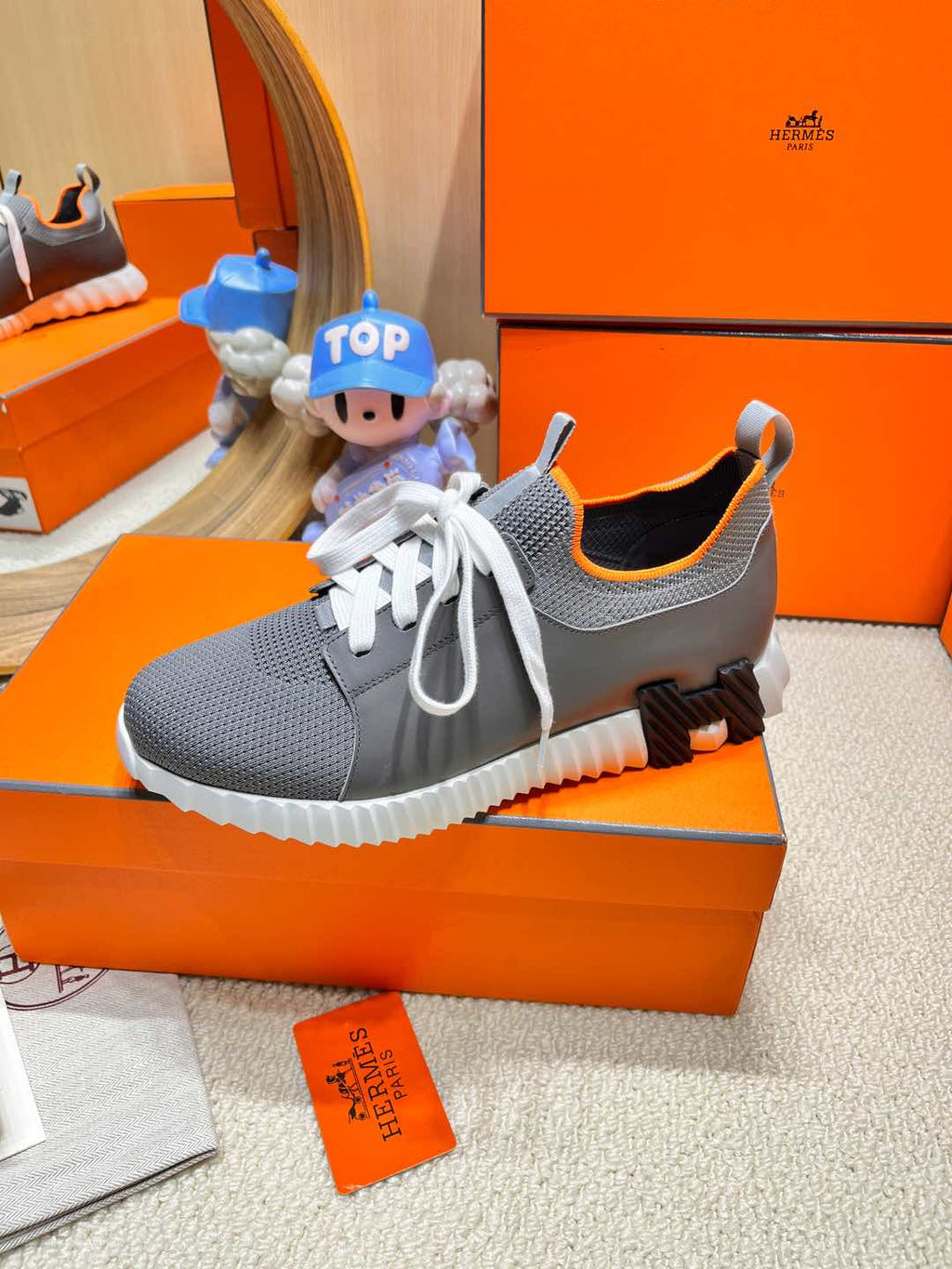 HERMES DEPART SLIP-ON SNEAKER IN MOUSE GRAY KNIT AND CALFSKIN