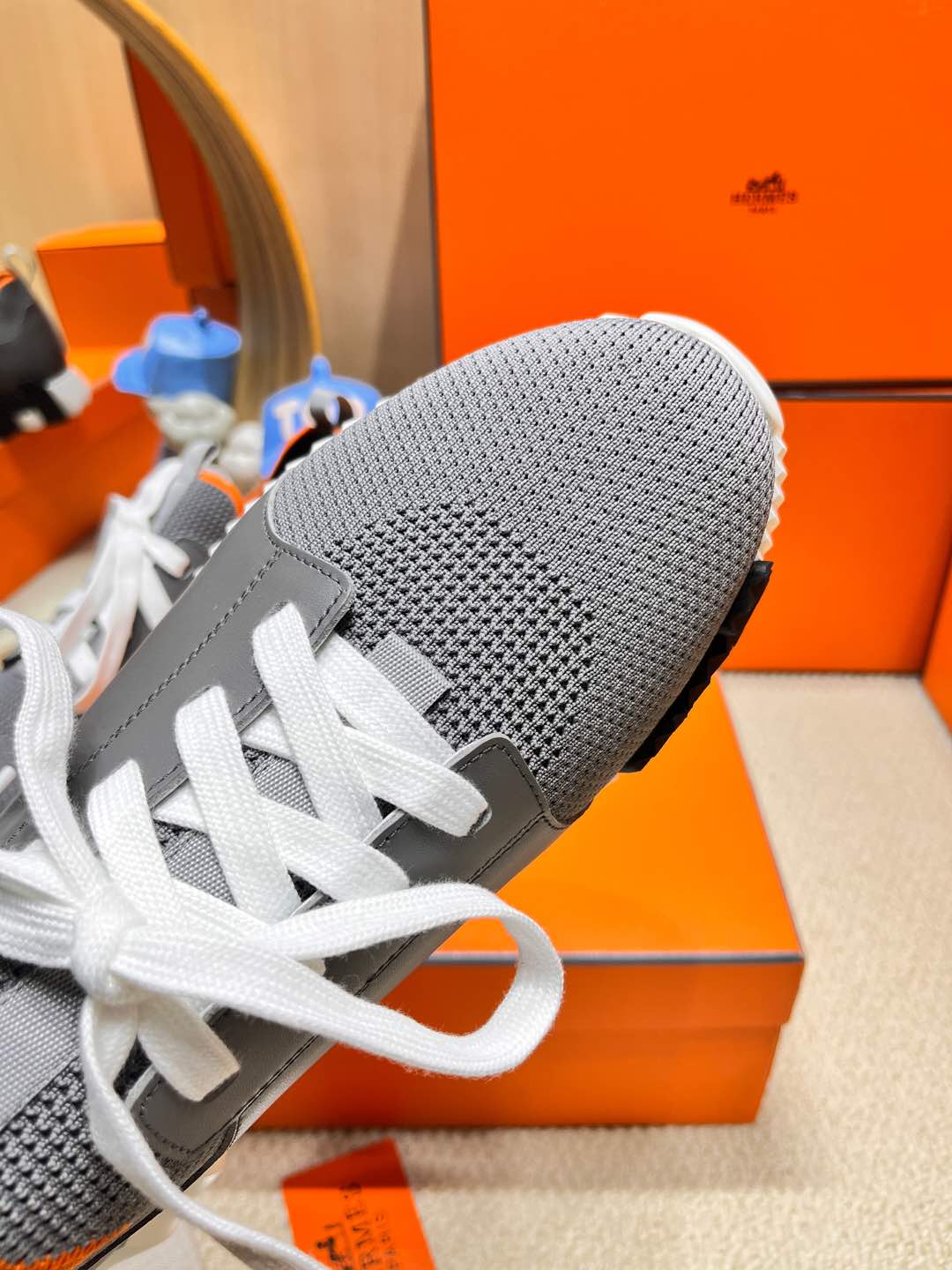 HERMES DEPART SLIP-ON SNEAKER IN MOUSE GRAY KNIT AND CALFSKIN