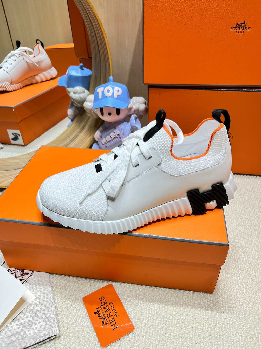 HERMES DEPART SLIP-ON SNEAKER IN WHITE KNIT AND CALFSKIN