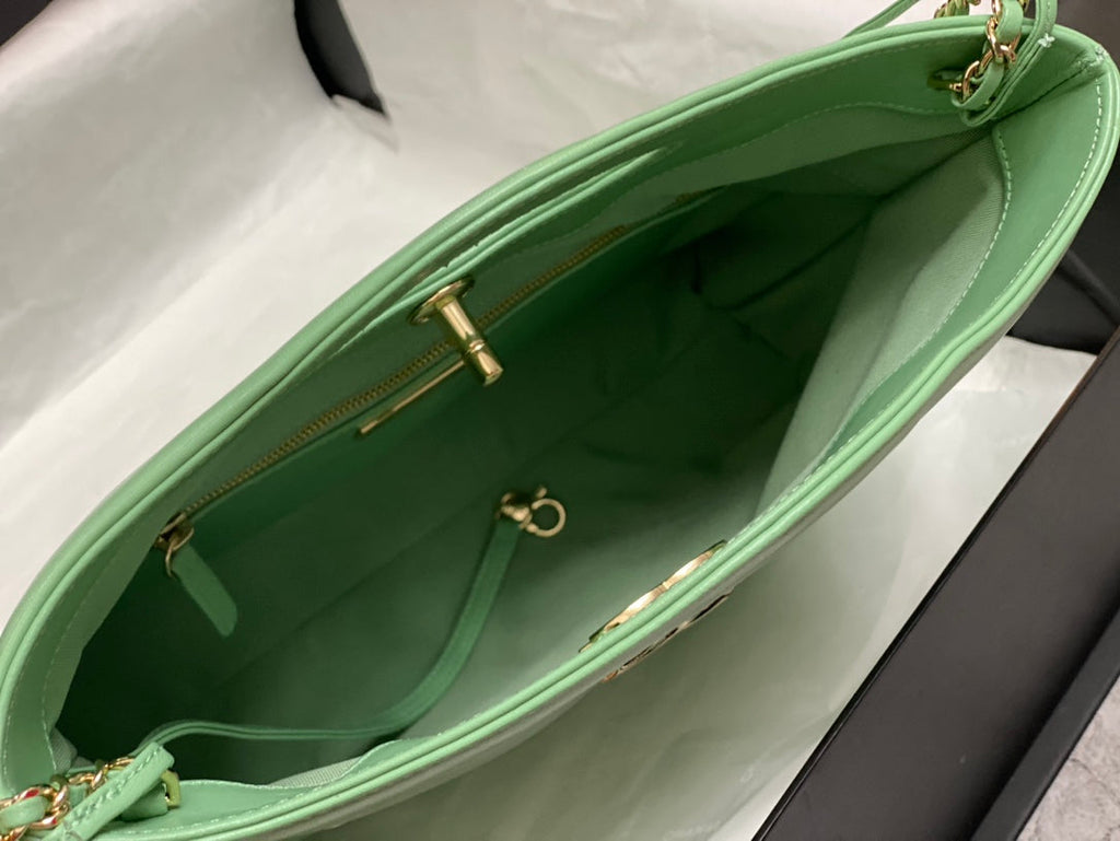 CHANEL SMALL 30 SHOPPING BAG IN GREEN MINT CALFSKIN
