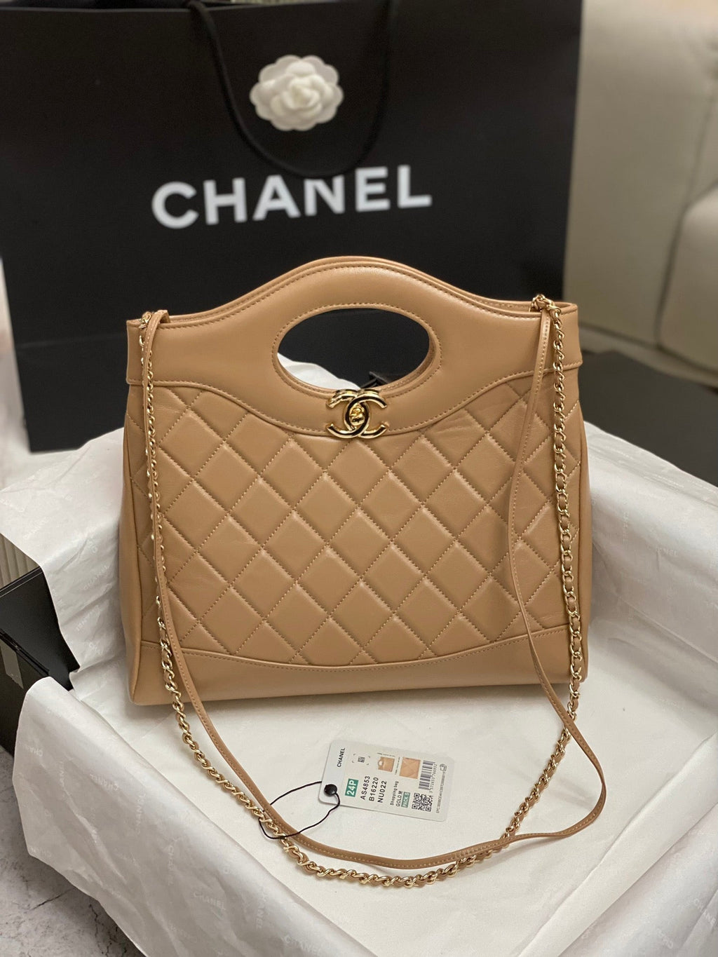 CHANEL SMALL 30 SHOPPING BAG IN CAMEL BROWN CALFSKIN