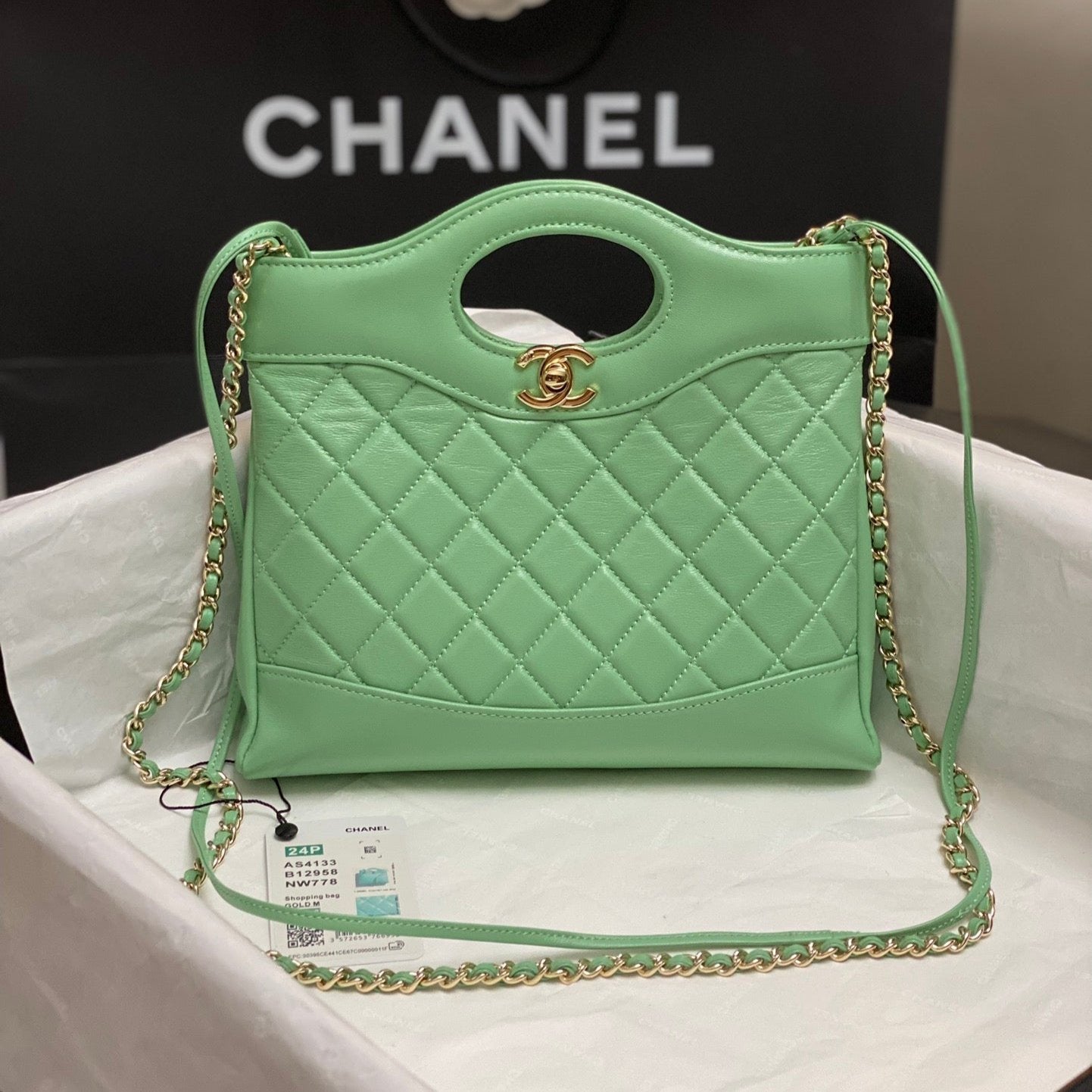 CHANEL MINI 23 SHOPPING BAG IN GREEN MINT CALFSKIN