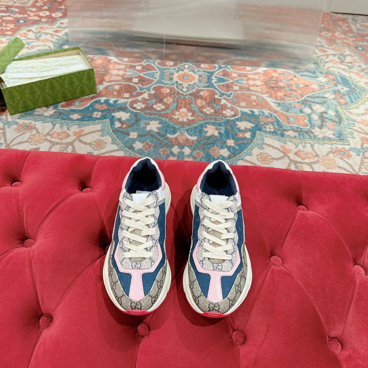 GUCCI RHYTON TRAINER LIGHT BROWN AND PINK CALFSKIN