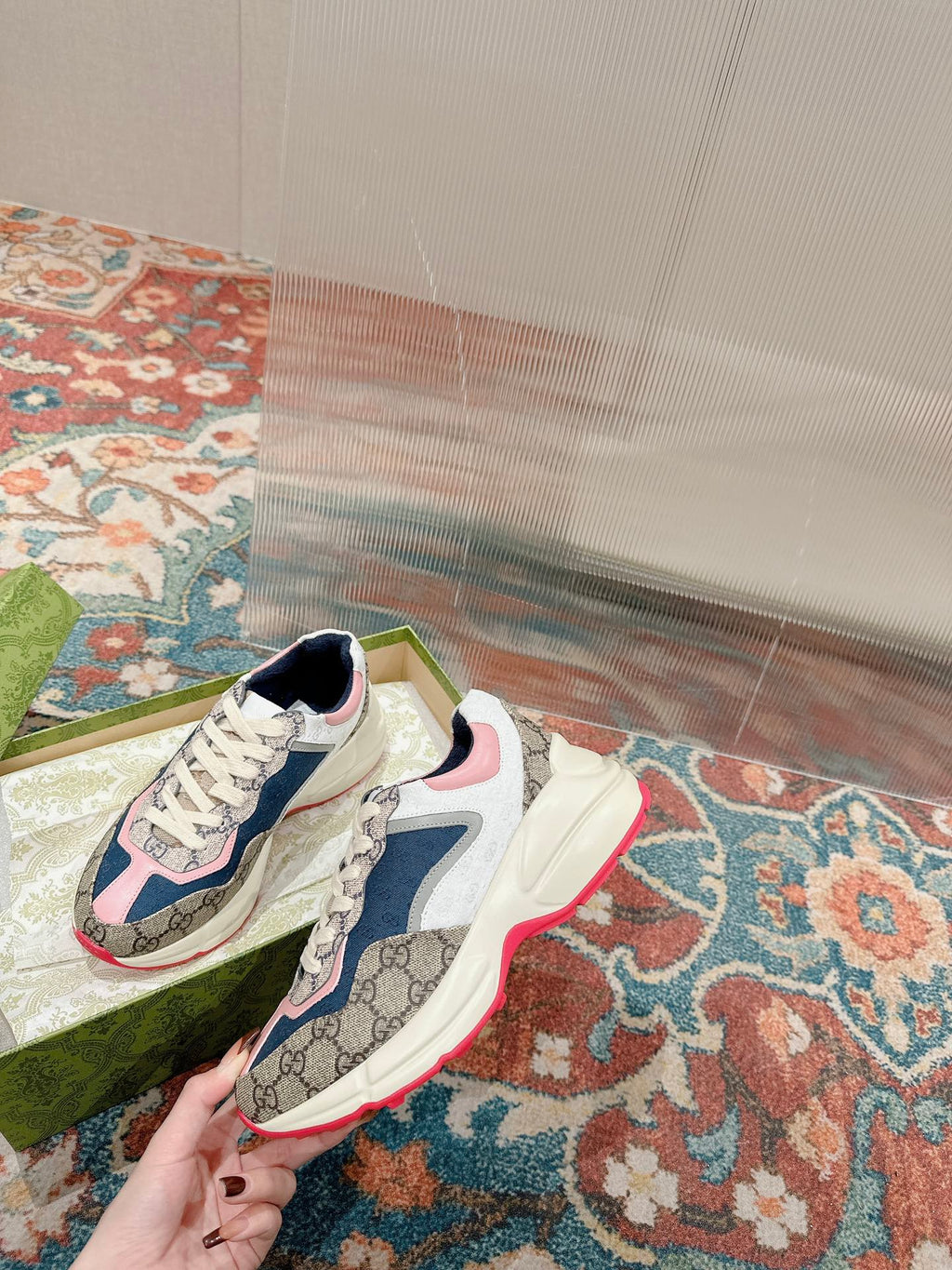 GUCCI RHYTON TRAINER LIGHT BROWN AND PINK CALFSKIN