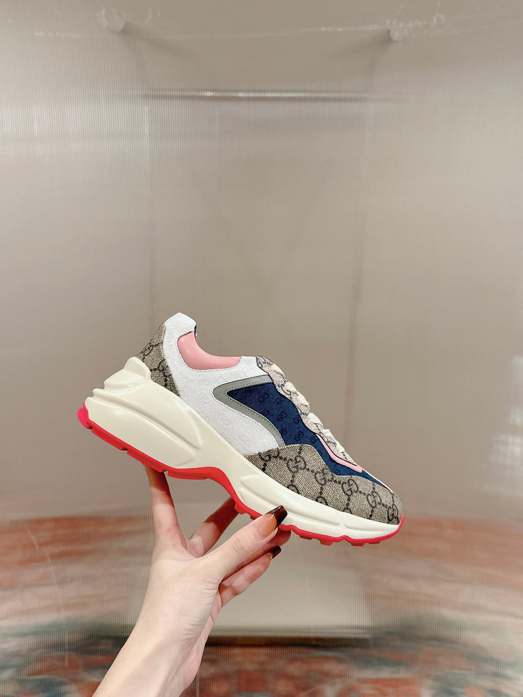 GUCCI RHYTON TRAINER LIGHT BROWN AND PINK CALFSKIN