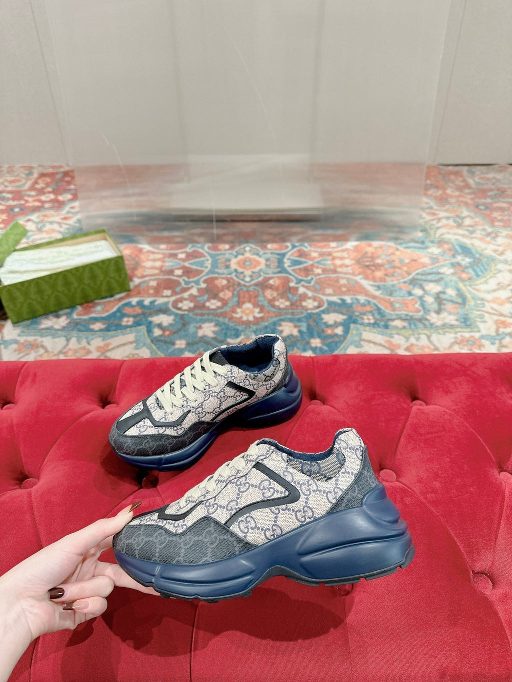GUCCI RHYTON TRAINER CHARCOAL AND LIGHT GRAY CALFSKIN