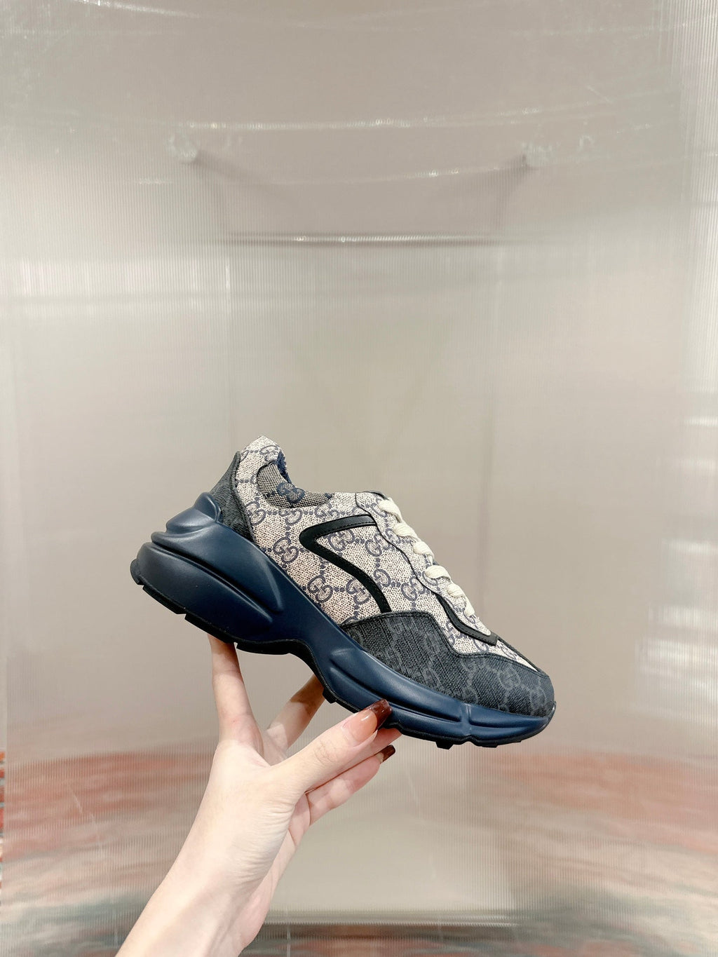 GUCCI RHYTON TRAINER CHARCOAL AND LIGHT GRAY CALFSKIN