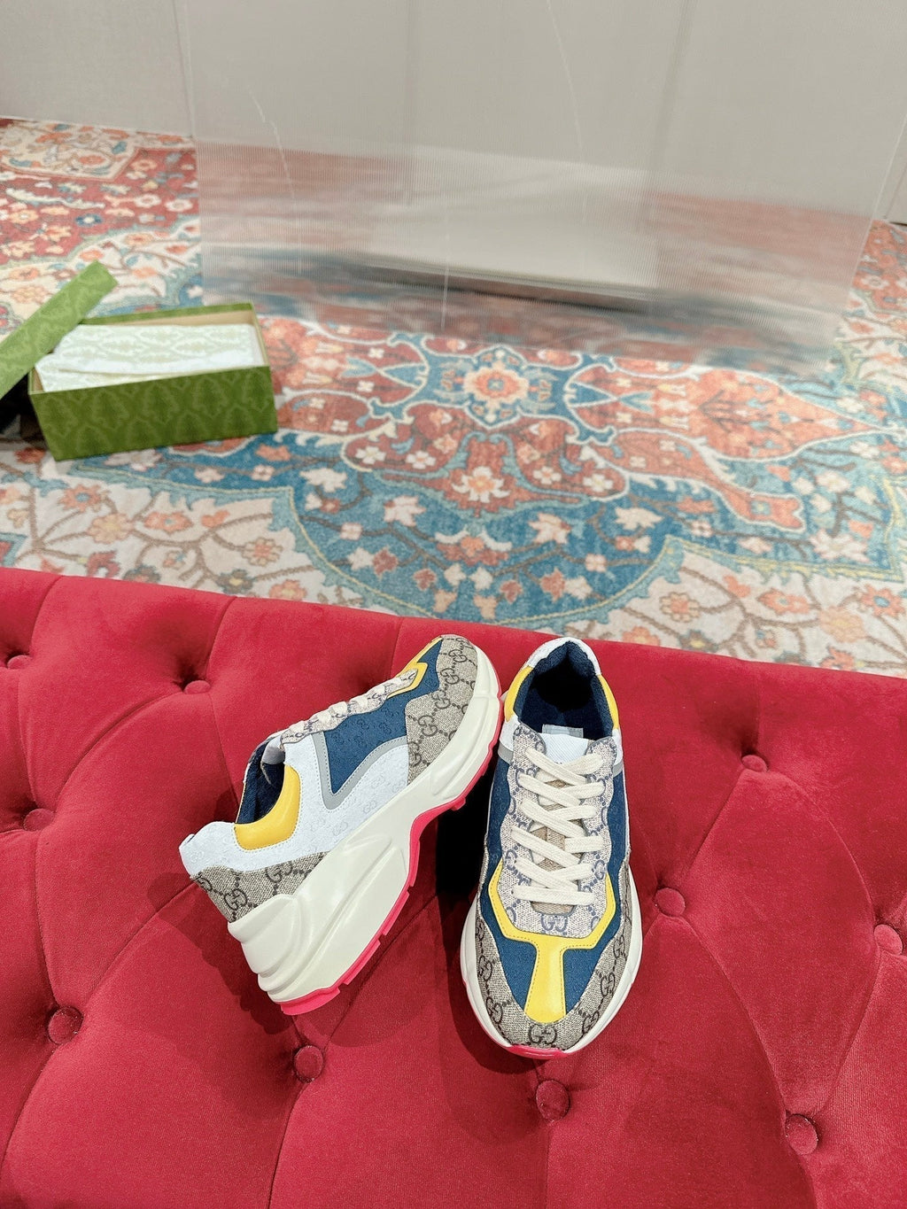 GUCCI RHYTON TRAINER LIGHT BROWN AND LEMON CALFSKIN