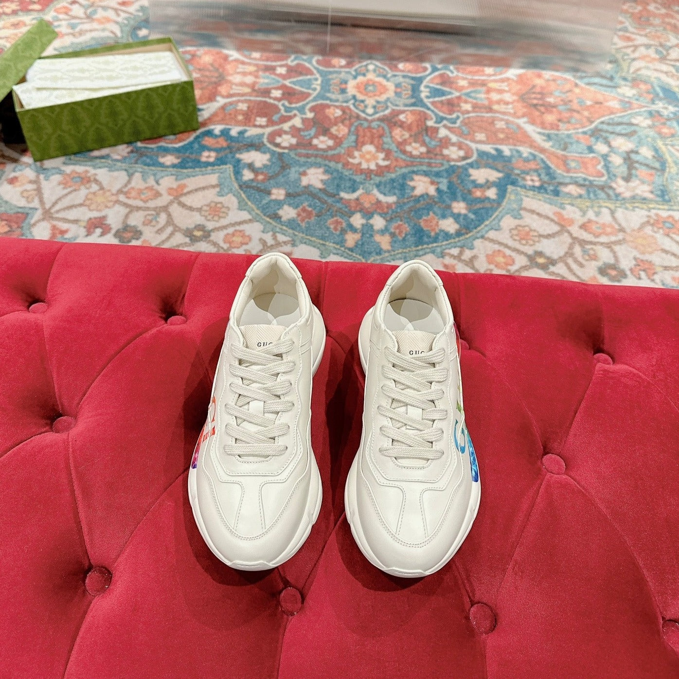GUCCI RHYTON TRAINER WHITE CALFSKIN WITH MULTI PATTERNS